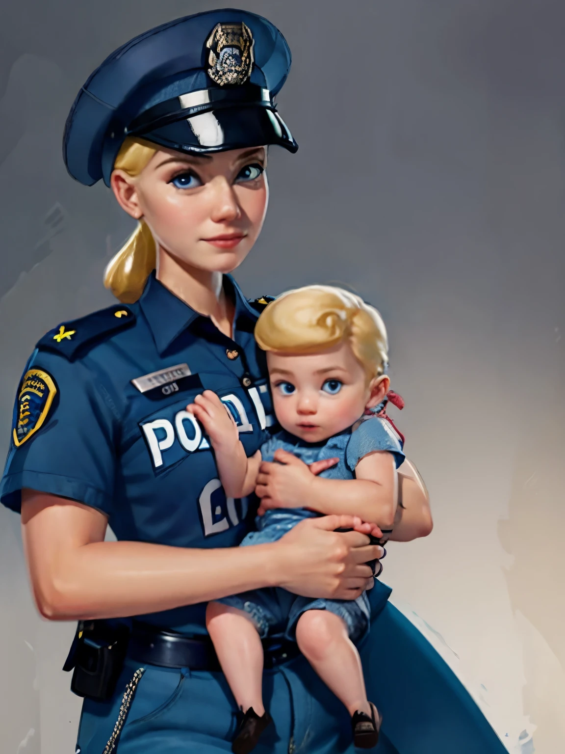 Blonde police officer holding her newborn son in her arms 