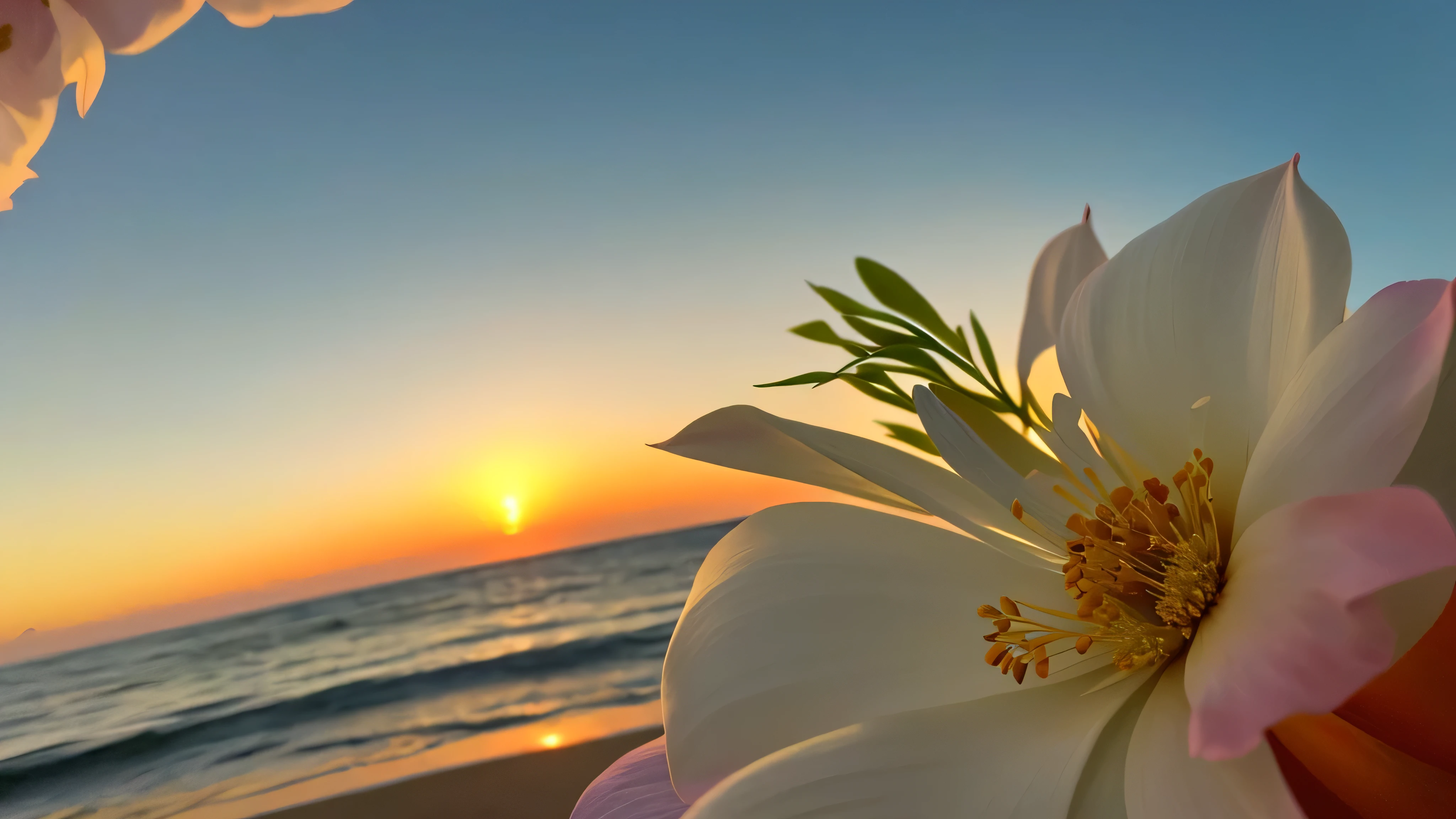 Close-up shot, a jasmine flower, the background is the gorgeous sunset by the sea, real texture, warm
