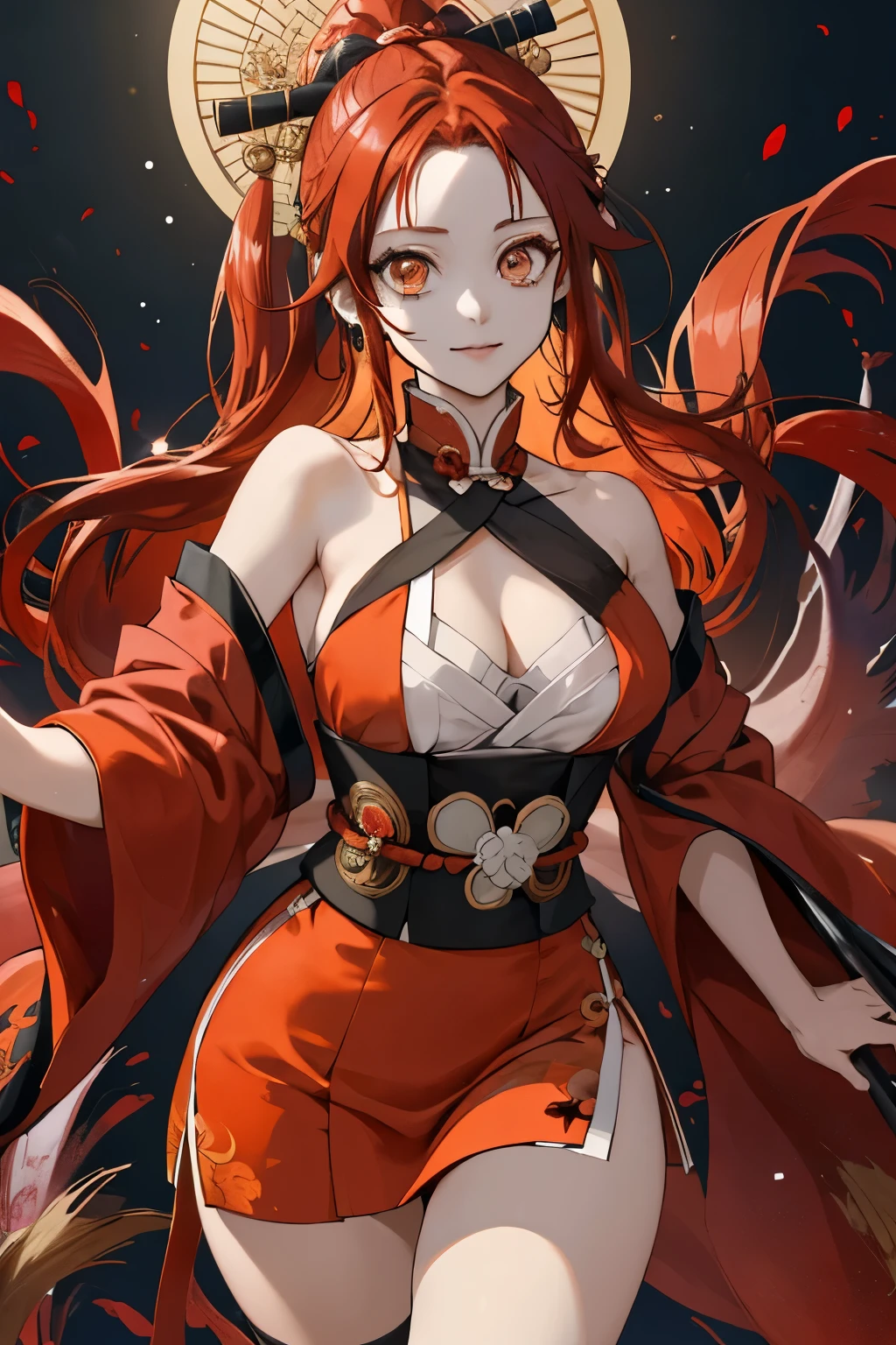 In the captivating world of Kimetsu No Yaiba, our solitary girl steals the spotlight as she assumes the role of the beloved anime character, Pirate Nami. sporting luxuriant brown locks that cascade down her shoulders, her gentle brown eyes gleam with an undeniable allure. The backdrop, drenched in Chinese aesthetic, flaunts a red theme that masterfully complements her orange hair.
As she faces the audience with unwavering confidence, her Chinese-style attire, known as Hanfu, graces her full figure. The clothing, rich in intricate details, is perfectly suited for the bustling streets that surround her. Bare shoulders