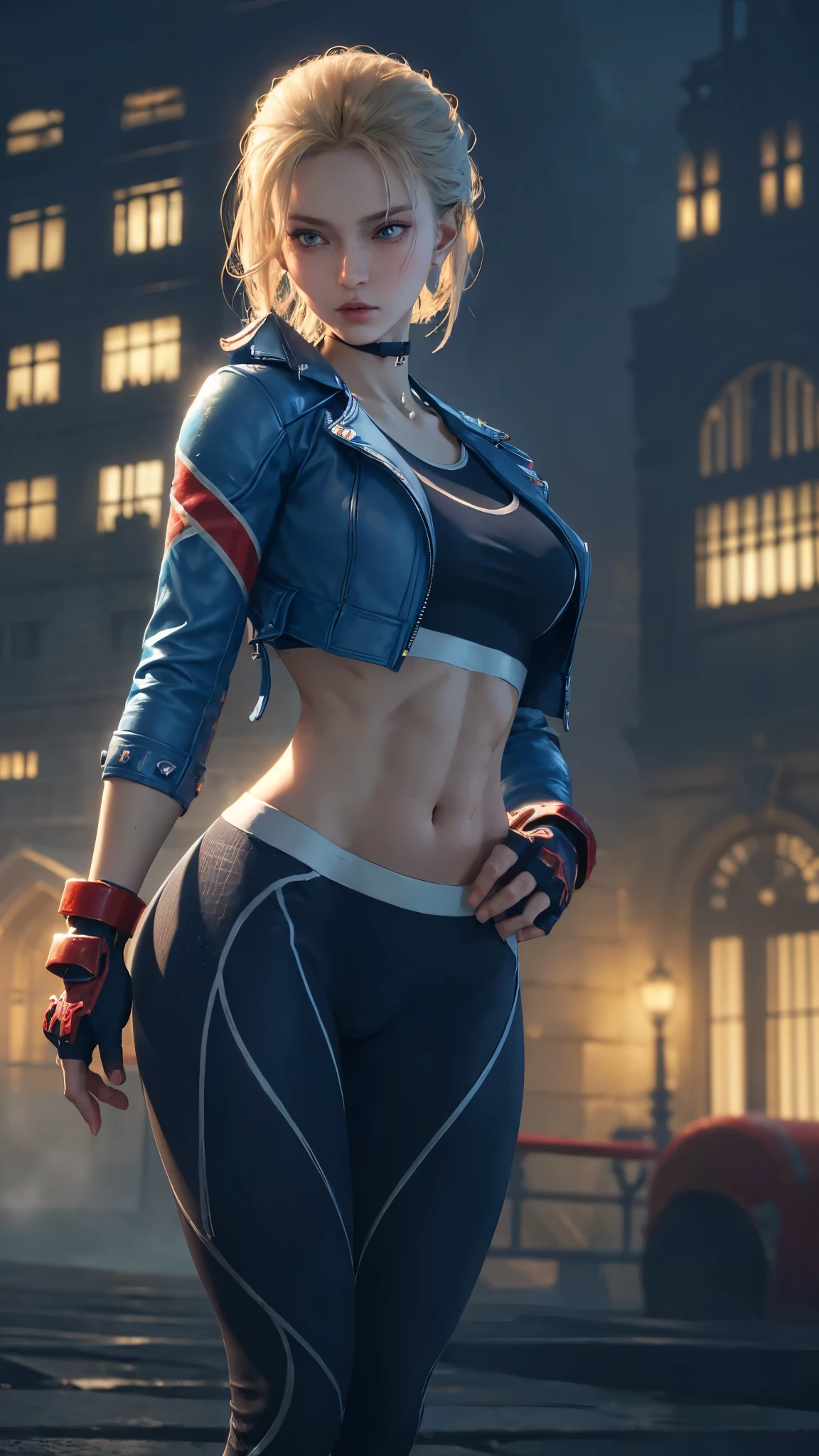 "(exquisitely detailed CG unity 8k wallpaper, masterpiece-quality with stunning realism), (best illumination, best shadow), (best quality), (elegant and demonic style:1.2), (closeup:1) Arti modern anime. angled view, heroic pose, closeup full body portrait medium shot of cammy, navy blue sports bra, light blue open jacket, navy blue yoga pants, red gloves, Abdominal muscle, muscles, (eyes looking at viewer:1.0), abs, depth of field blur effect, night, full zoom, action portrait, photorealistic. cinematic lighting, highly detailed. best quality, 4k, Better hand, perfect anatomy, leaning forward, foreshortening effects, (leaning forward:1) (cute coy flirty sexy expression), foreshortening effect, (piercing eyes:0.8), surrounded by an ominous and dark atmosphere, accentuated by dramatic and striking lighting, imbued with a sense of surreal fantasy", (mature:0.5) (in london city in the afternoon:1.5) (alone:1.5) (pretty cute face:1.3) (secret agent pose:1)