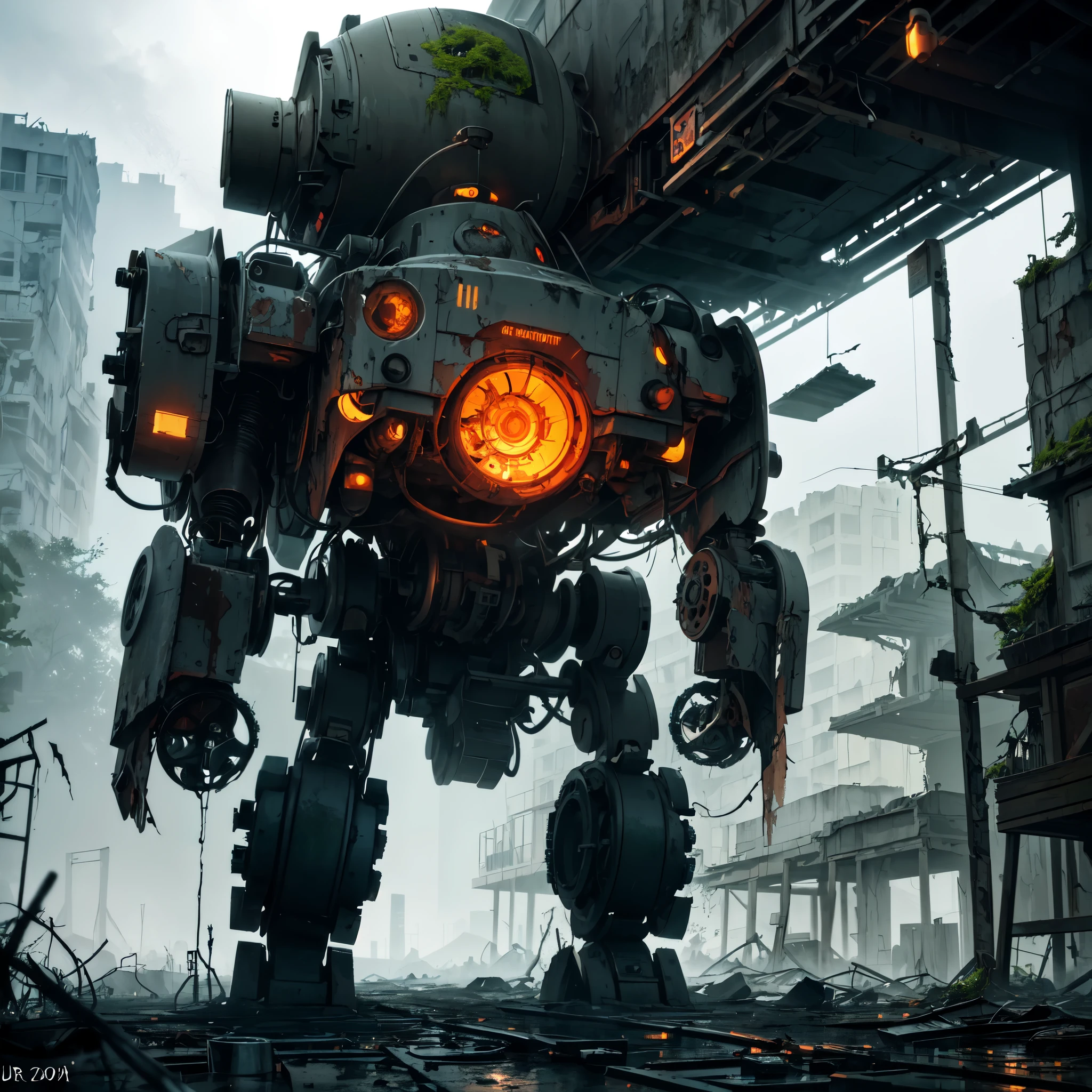 (abandoned mech:1.1), dilapidated, rusty metal parts, broken wires, shattered glass, overgrown with moss, desolate atmosphere, eerie silence, haunting presence, remnants of a bygone era, somber color palette, dramatic lighting, post-apocalyptic setting, decaying infrastructure, nature reclaiming its territory, mysterious origins, traces of past battles, a sense of abandonment and decay, the ghostly echoes of mechanical movement, futuristic technology lost in time, a testament to the passage of time, a hauntingly beautiful sight, a poignant reminder of what once was. (best quality, ultra-detailed, photorealistic:1.37), HDR lighting, vivid colors.