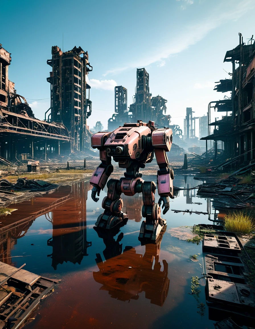(full-body shot) , In a ruined city covered with vegetatiobandoned mech stands alone in the middle of an oil-filled pond:1.5),Ruined city restored after nuclear blast,The outlines of the oppressive buildings in the background are clearly visible。(The abandoned mecha was seriously damaged,The surface is covered with oil stains and scratches。Its metal casing is rusty,wires exposed),Reminiscent of its glorious past。However,Now it's just an abandoned shell,Abandoned in this post-apocalyptic landscape。Photos in a super minimalist style,the abandoned city is rendered in soft orange-pink tones,Creates a super warm atmosphere。Film grain and root effects add a sense of texture and nostalgia to the image。The lens is dimmed,Pastel colors and crazy details create a hyper-detailed post-apocalyptic atmosphere。This feeling is further enhanced by the oppressive buildings in the background and the distant twilight scene。This ultra-professional landscape photo is a stunning portrayal of an abandoned city and derelict mechas,it tells a story about war、A story of destruction and the passage of time,(global illumination, Ray tracing, high dynamic range, Unreal rendering, Reasonable design, high detail, masterpiece, best quality, ultra high definition, light),3d style