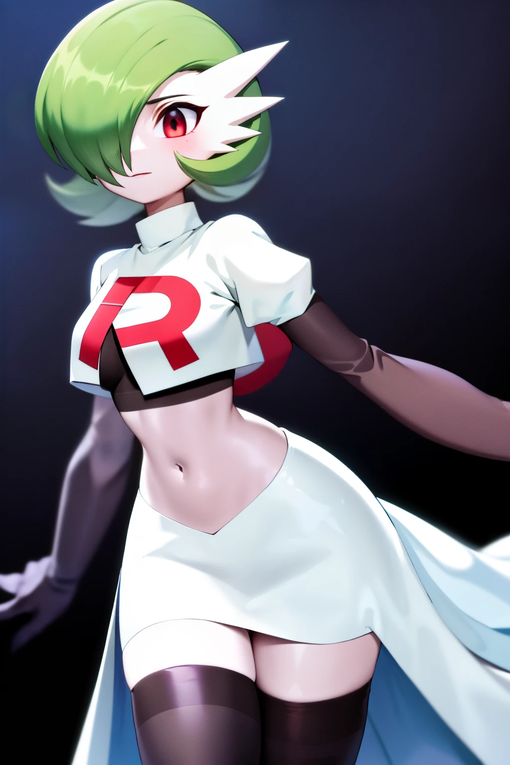 masterpiece, best_quality, 1girl, solo, gardevoir, creatures \(company\), game freak, nintendo, pokemon, pokemon \(game\), bangs, colored skin, female focus, gen 3 pokemon, green hair, green skin, hair over one eye, multicolored skin, pokemon \(creature\), red eyes, short hair, two-tone skin, white skin, team rocket,team rocket uniform,white skirt,red letter R,crop top,black thigh-highs,black elbow gloves
