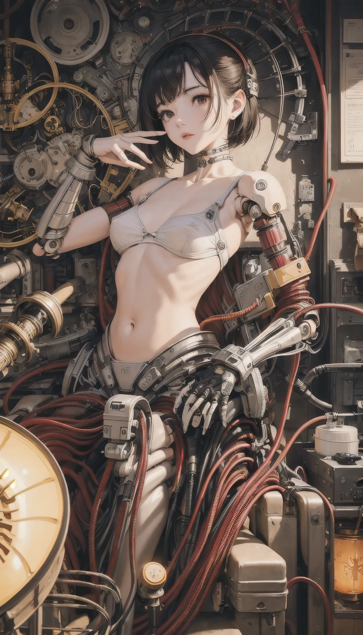 (((masterpiece))), (((best quality))), ((Super detailed)), (Highly detailed CG illustrations), ((extremely delicate and beautiful)),(Cute and delicate face),movie lighting,((1 mechanical girl)),alone,whole body,(Machine made joints:1.4),((mechanical limbs)),(explosive muscles),(blood vessels connected to tubes),(brain in container:1.3),((Mechanical vertebrae attached to the back)),((Mechanical cervical spine attachment to the neck)),((sitting)),Poker face,(Wires and cables connected to the head and body:1.5),small breasts,short hair,(Character focus),Science fiction