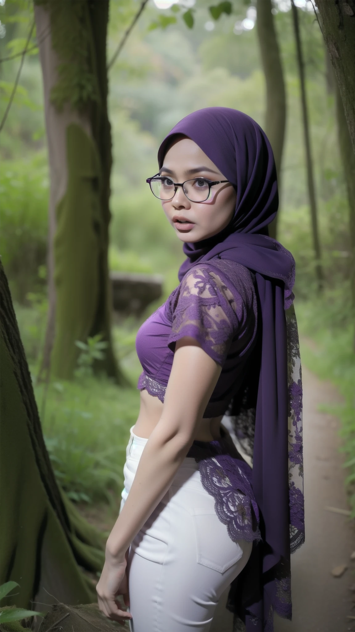 (Anger), (Anger), (Anger), (Anger), "FAT", "Oki Setiana Dewi", "Spectacles", ("Hijab Naked"), Chubby Wearing Lace Bra & Short Hairy Pussy, "Facial expression in anger", "Purple", "Purple Lips", "Bokeh" My ass is huge Being in the forest, "Very angry facial reaction"