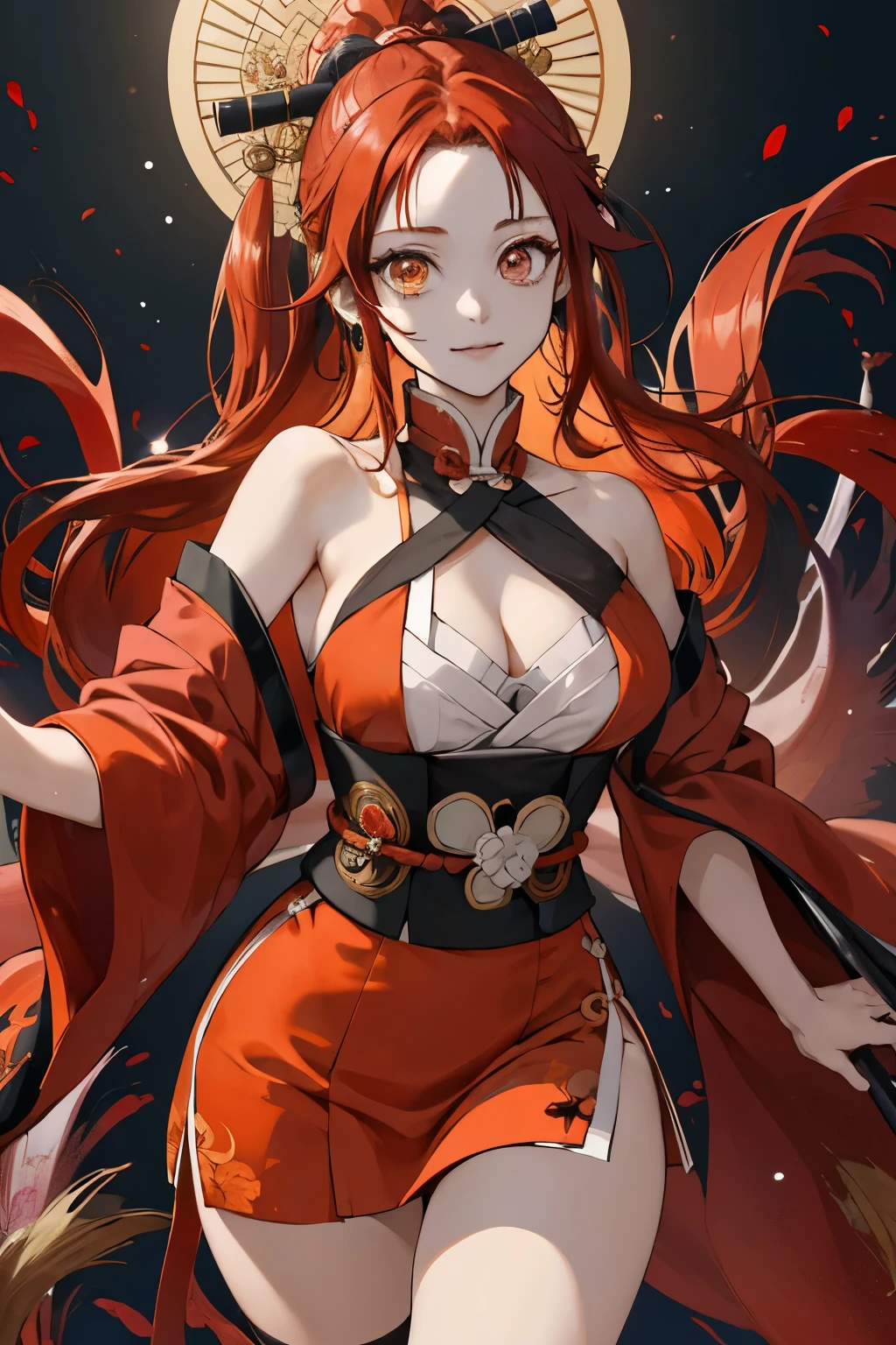 In the captivating world of Kimetsu No Yaiba, our solitary girl steals the spotlight as she assumes the role of the beloved anime character, Pirate Nami. sporting luxuriant brown locks that cascade down her shoulders, her gentle brown eyes gleam with an undeniable allure. The backdrop, drenched in Chinese aesthetic, flaunts a red theme that masterfully complements her orange hair.
As she faces the audience with unwavering confidence, her Chinese-style attire, known as Hanfu, graces her full figure. The clothing, rich in intricate details, is perfectly suited for the bustling streets that surround her. Bare shoulders