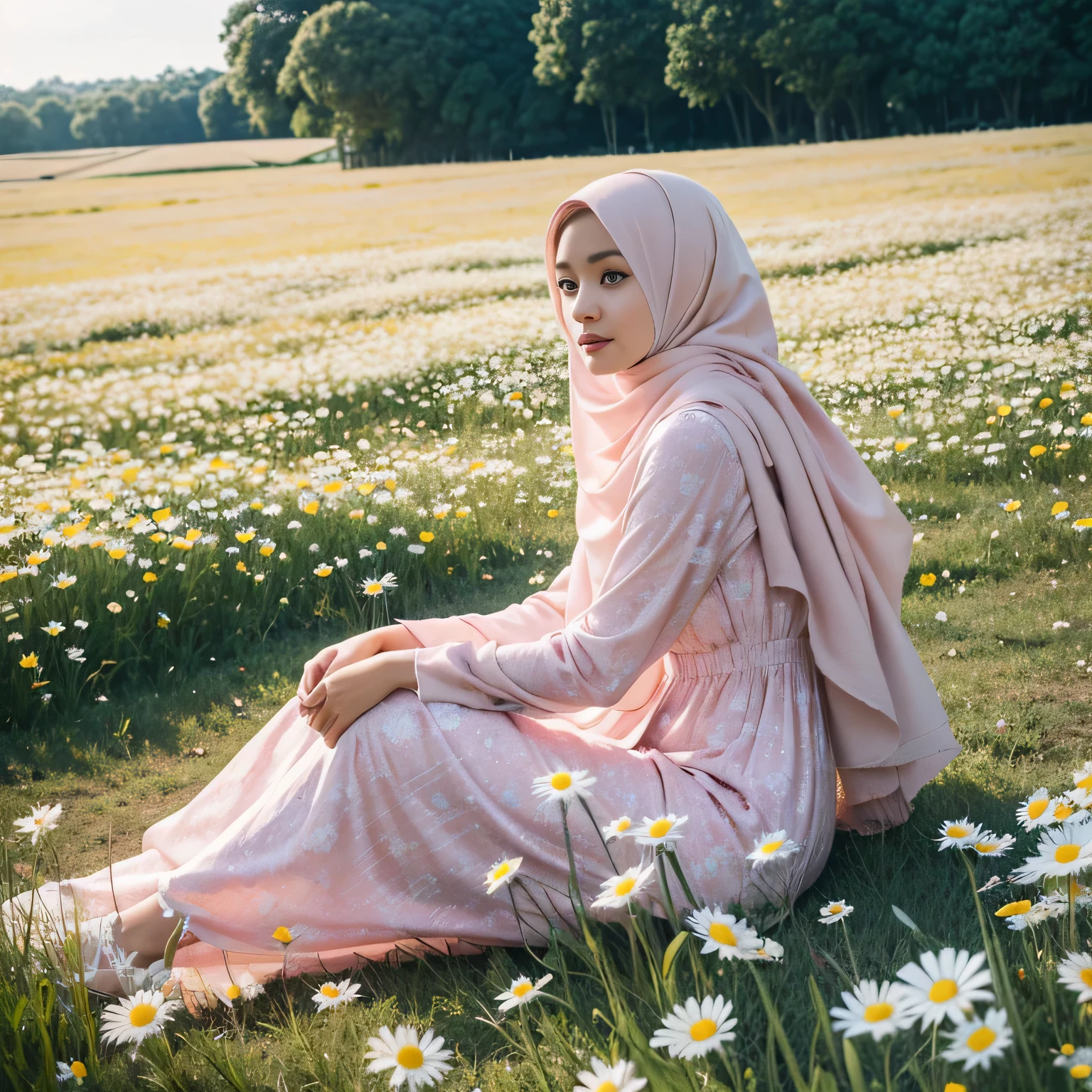 there is a woman sitting in a field of flowers wearing a soft pink hijab , closed sfot pink hijab, soft pink long dress, girl frontal in a flower field, girl sitting in a flower field, portrait of girl in flower field, in a field with flowers, girl in a flower field, in a field of flowers, color portrait, standing in flower field, inspired by Naza, detailed face .