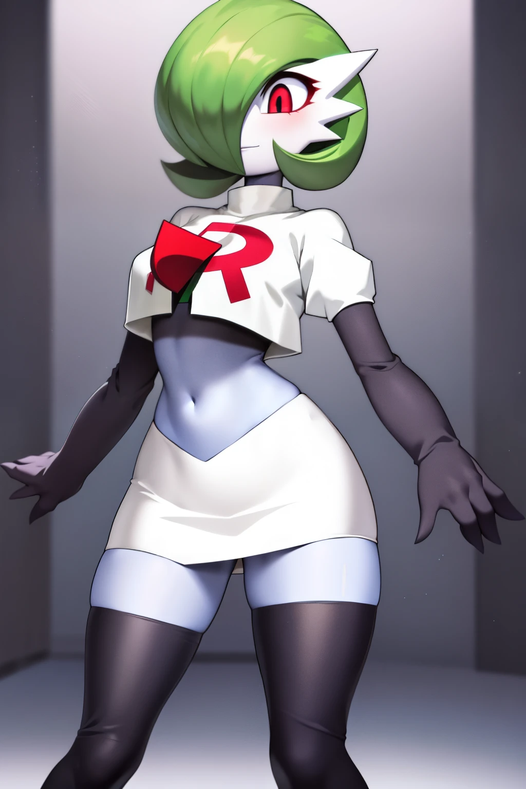 masterpiece, best_quality, 1girl, solo, gardevoir, creatures \(company\), game freak, nintendo, pokemon, pokemon \(game\), bangs, colored skin, female focus, gen 3 pokemon, green hair, green skin, hair over one eye, multicolored skin, pokemon \(creature\), red eyes, short hair, two-tone skin, white skin, team rocket,team rocket uniform,white skirt,red letter R,crop top,black thigh-highs,black elbow gloves