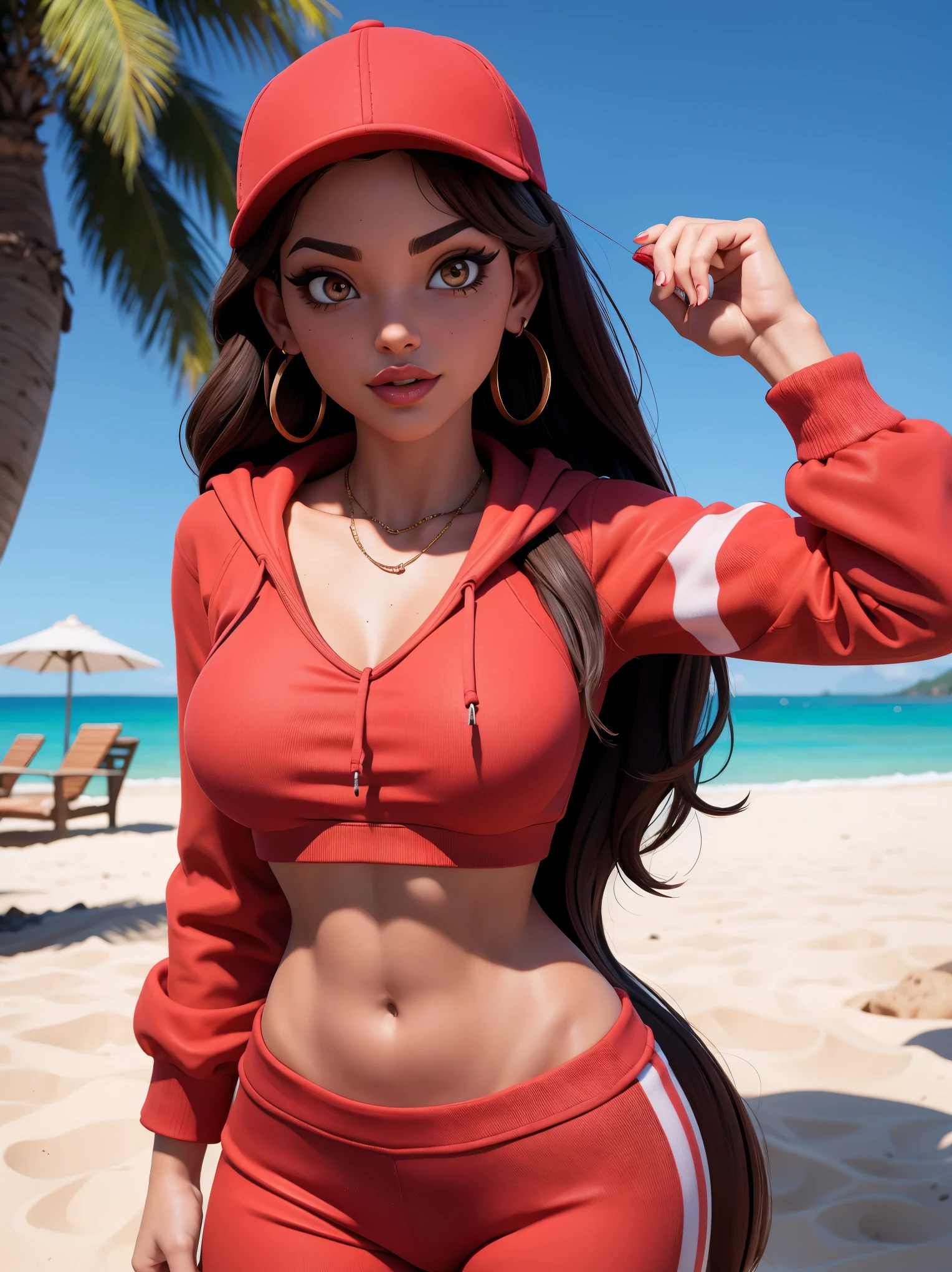 xyzruby, 1girl, brown hair, beautiful, earrings, makeup, vibrant, eyeliner, mascara, 3d render style, midriff, red headwear, red crop top hoodie, bikini, cap, stripe pattern, feminine pose, cute pose, at the beach, sexy pose