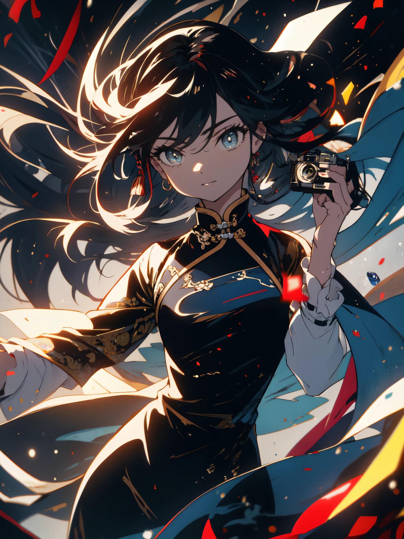 highest quality、masterpiece、beautiful anime、detailed eyes、1 girl, cowboy camera, China dress
