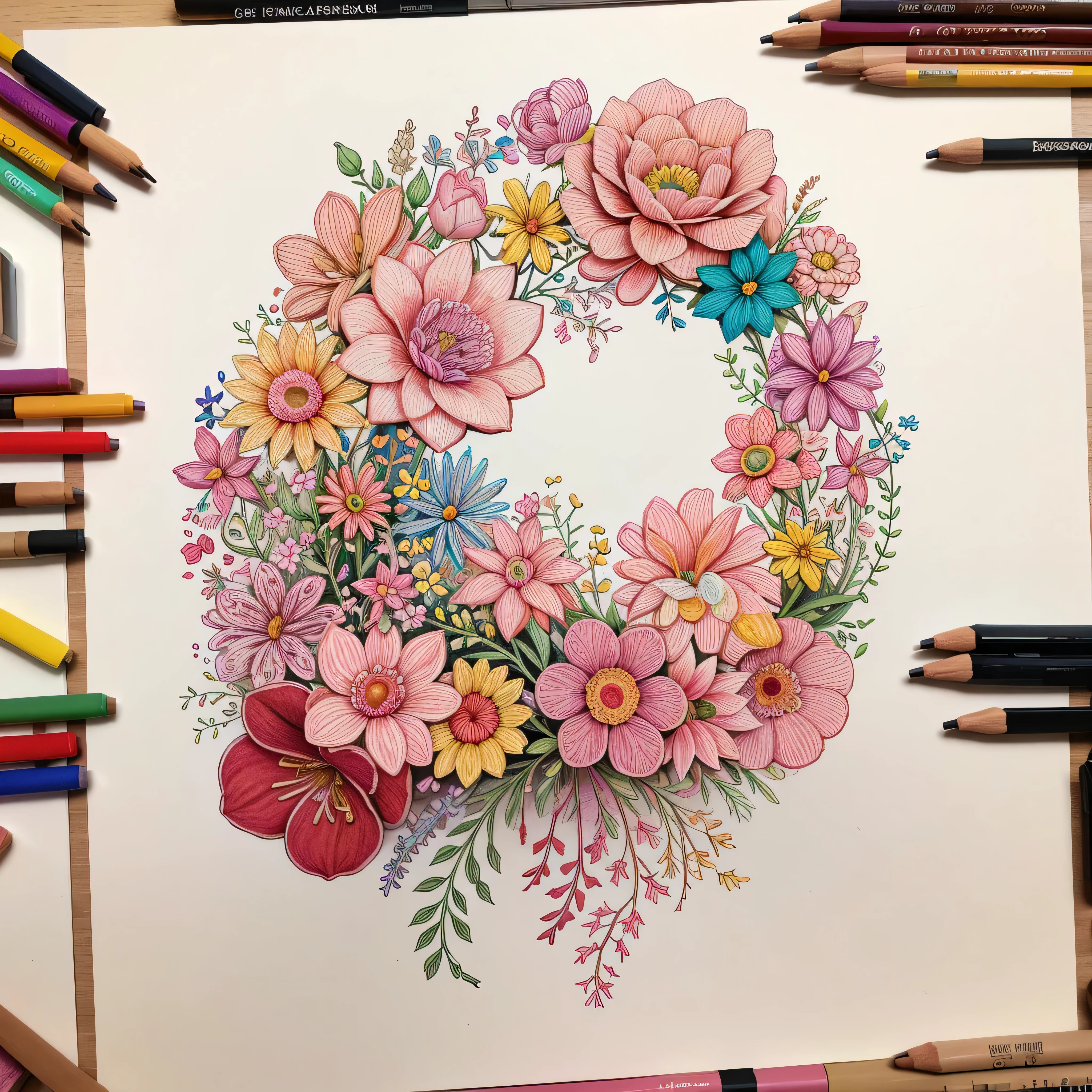 Isometric floral drawing, colorful