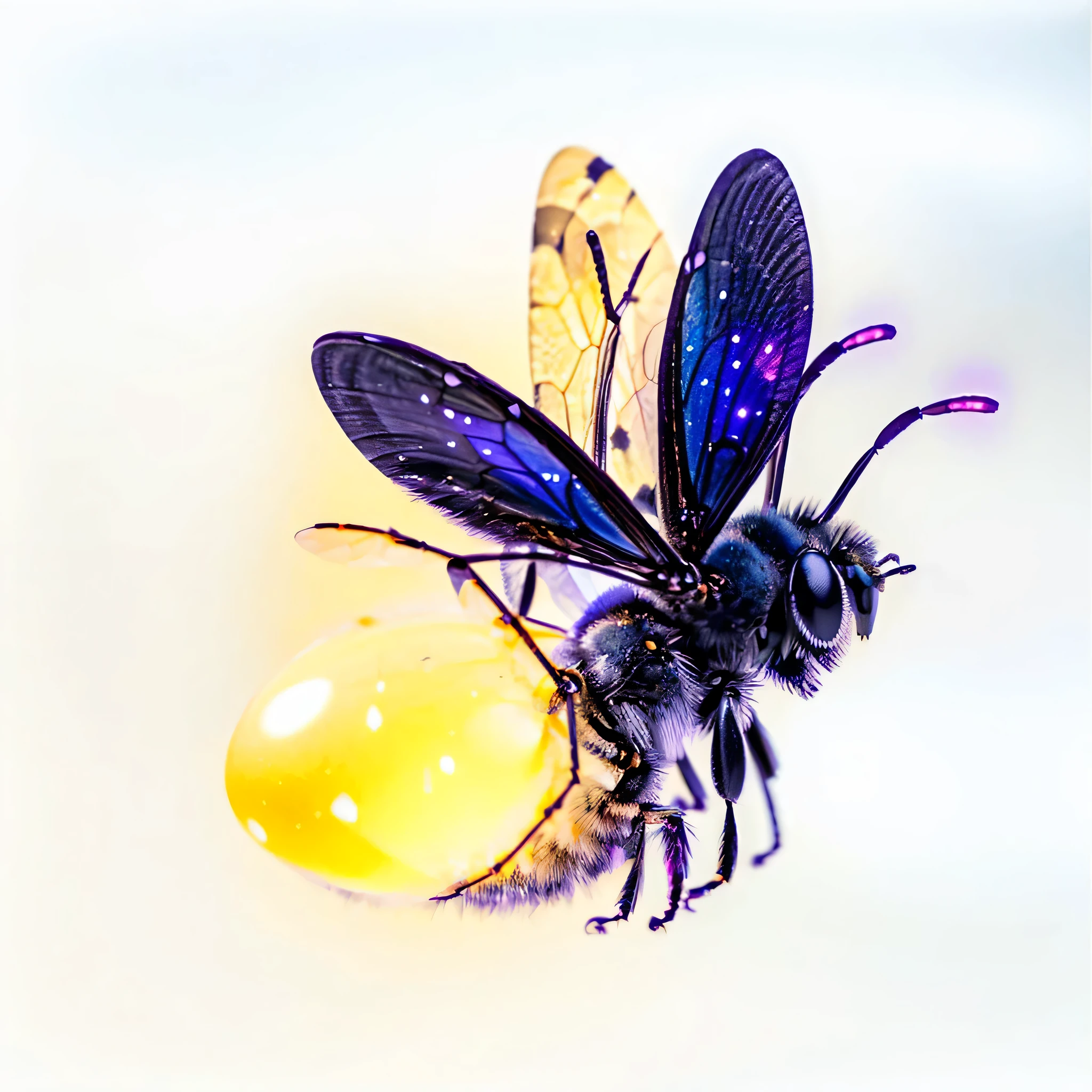 Hyper-realistic image of a purple firefly with its belly glowing in a deep, luminous yellow hue. Hyper-realistic firefly wings, as well as its entire body, with real insect textures. a close up of a bug with a yellow egg in the background, adorable glowing creature, rainbow fireflies, glowing firebugs, it is glowing, glowing purple, tiny glowbugs everywhere, maya bee, fireflies flying, 3 d bee, firefly, fireflies glowing, glowing fireflies, bee, insect, tiny fireflies glowing, (bee)