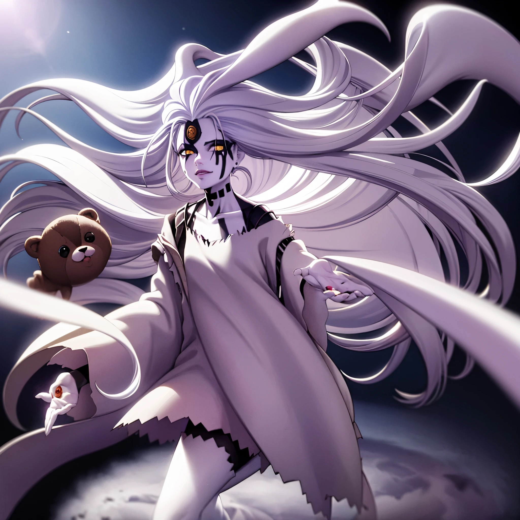 1 Cute , 12 years old, long white hair, pale skin, (white eyes), elegant white dress, black bow tie, white socks, black low-heeled shoes with straps, Girl holding a pink teddy big bear, (1 strand of hair lying in front of your face), cosmic space, cute feet 