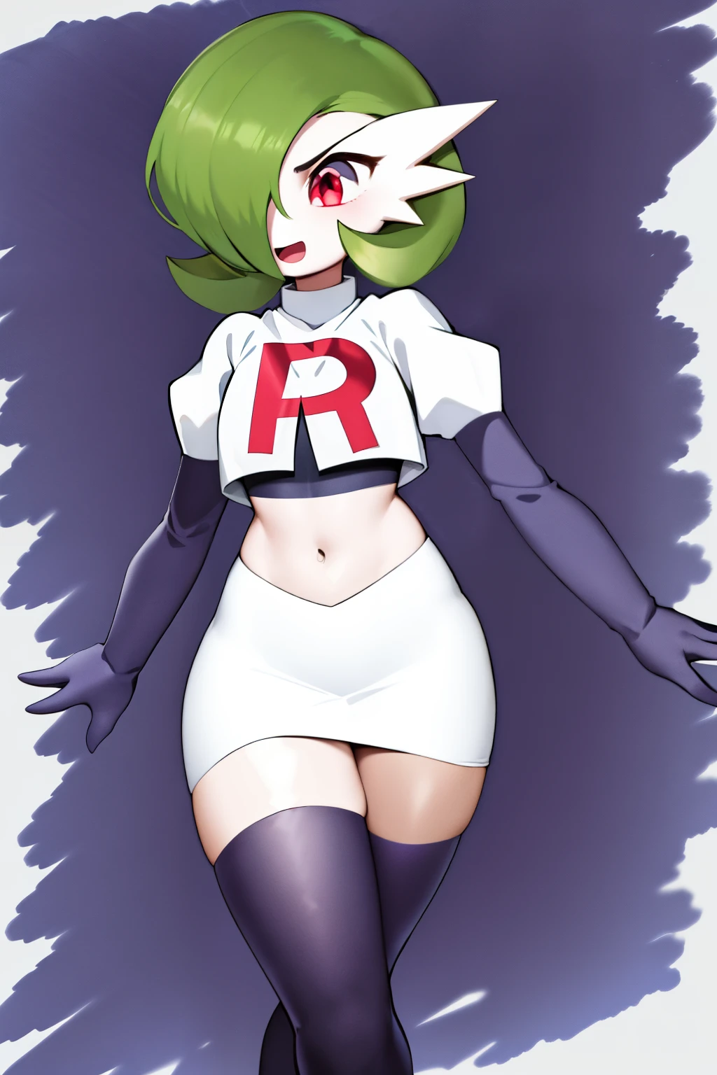 masterpiece, best_quality, 1girl, solo, gardevoir, creatures \(company\), game freak, nintendo, pokemon, pokemon \(game\), bangs, colored skin, female focus, gen 3 pokemon, green hair, green skin, hair over one eye, multicolored skin, pokemon \(creature\), red eyes, short hair, two-tone skin, white skin, team rocket,team rocket uniform,white skirt,red letter R,crop top,black thigh-highs,black elbow gloves