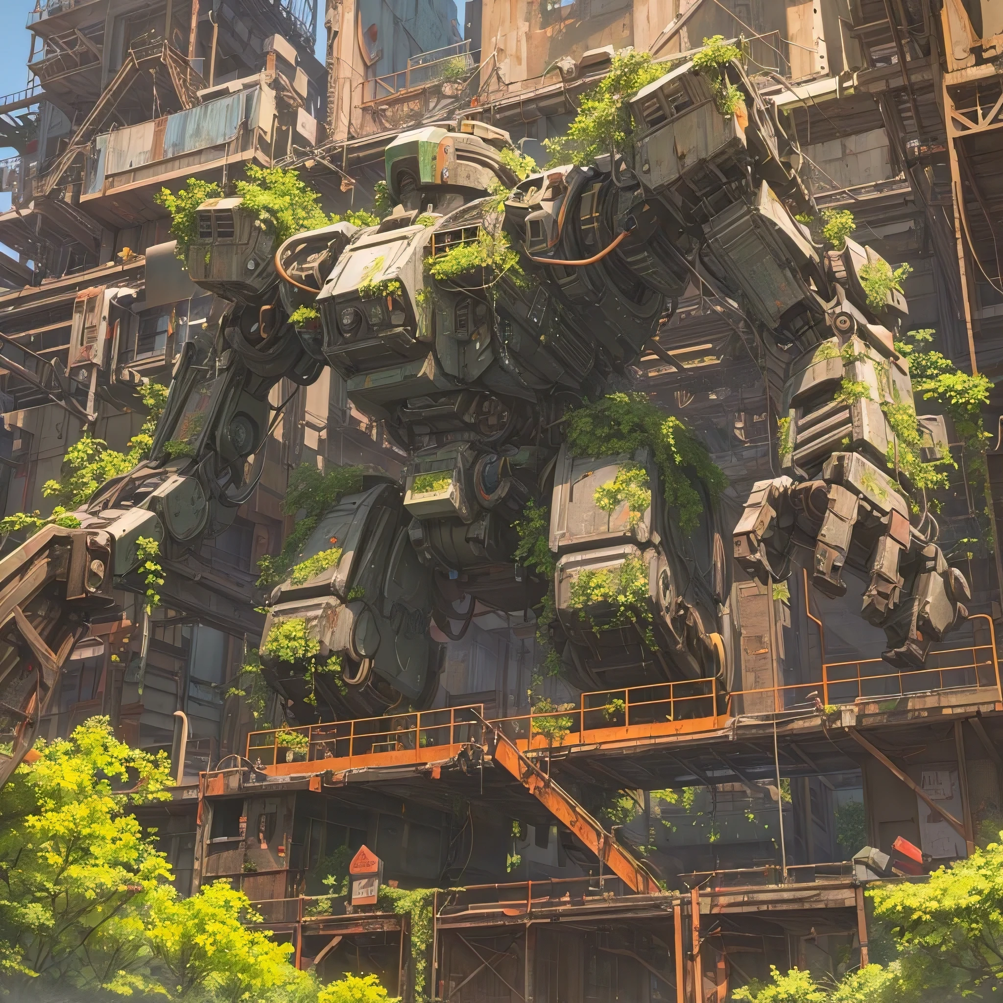 (close-up:1.1)mech head,(half buried)in the ground,(in)the middle of,(a)lush rainforest,(abandoned,damaged)mech,(massive)defense unit with,(detailed)machinery,(remnants)of the old empire,(vibrant)scenery,(nature,plants)in abundance,(bright)green foliage,(colorful,tropical)flowers,(dazzling)sunlight filtering through the canopy,(majestic)trees reaching towards the sky,(glimpses)of wildlife hiding in the undergrowth,(birds)chirping and (insects)buzzing in the background,(serene)atmosphere,(fresh)air filled with the (fragrance)of wet earth and plants,(harmony)between man-made technology and the natural surroundingysterious)and (forgotten)history,(highres)image quality,(photo-realistic)details,(exquisite)textures,(intense)depth of field,(rich)color palette,(soft, warm)natural lighting,(atmospheric)fog adding a touch of mystery