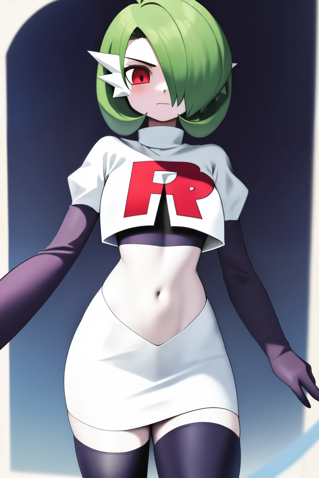 masterpiece, best_quality, 1girl, solo, gardevoir, creatures \(company\), game freak, nintendo, pokemon, pokemon \(game\), bangs, colored skin, female focus, gen 3 pokemon, green hair, green skin, hair over one eye, multicolored skin, pokemon \(creature\), red eyes, short hair, two-tone skin, white skin, team rocket,team rocket uniform,white skirt,red letter R,crop top,black thigh-highs,black elbow gloves