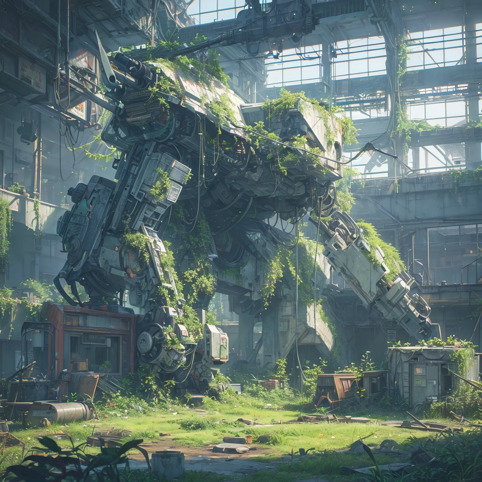 (close-up:1.1)mech head,(half buried)in the ground,(in)the middle of,(a)lush rainforest,(abandoned,damaged)mech,(massive)defense unit with,(detailed)machinery,(remnants)of the old empire,(vibrant)scenery,(nature,plants)in abundance,(bright)green foliage,(colorful,tropical)flowers,(dazzling)sunlight filtering through the canopy,(majestic)trees reaching towards the sky,(glimpses)of wildlife hiding in the undergrowth,(birds)chirping and (insects)buzzing in the background,(serene)atmosphere,(fresh)air filled with the (fragrance)of wet earth and plants,(harmony)between man-made technology and the natural surroundingysterious)and (forgotten)history,(highres)image quality,(photo-realistic)details,(exquisite)textures,(intense)depth of field,(rich)color palette,(soft, warm)natural lighting,(atmospheric)fog adding a touch of mystery