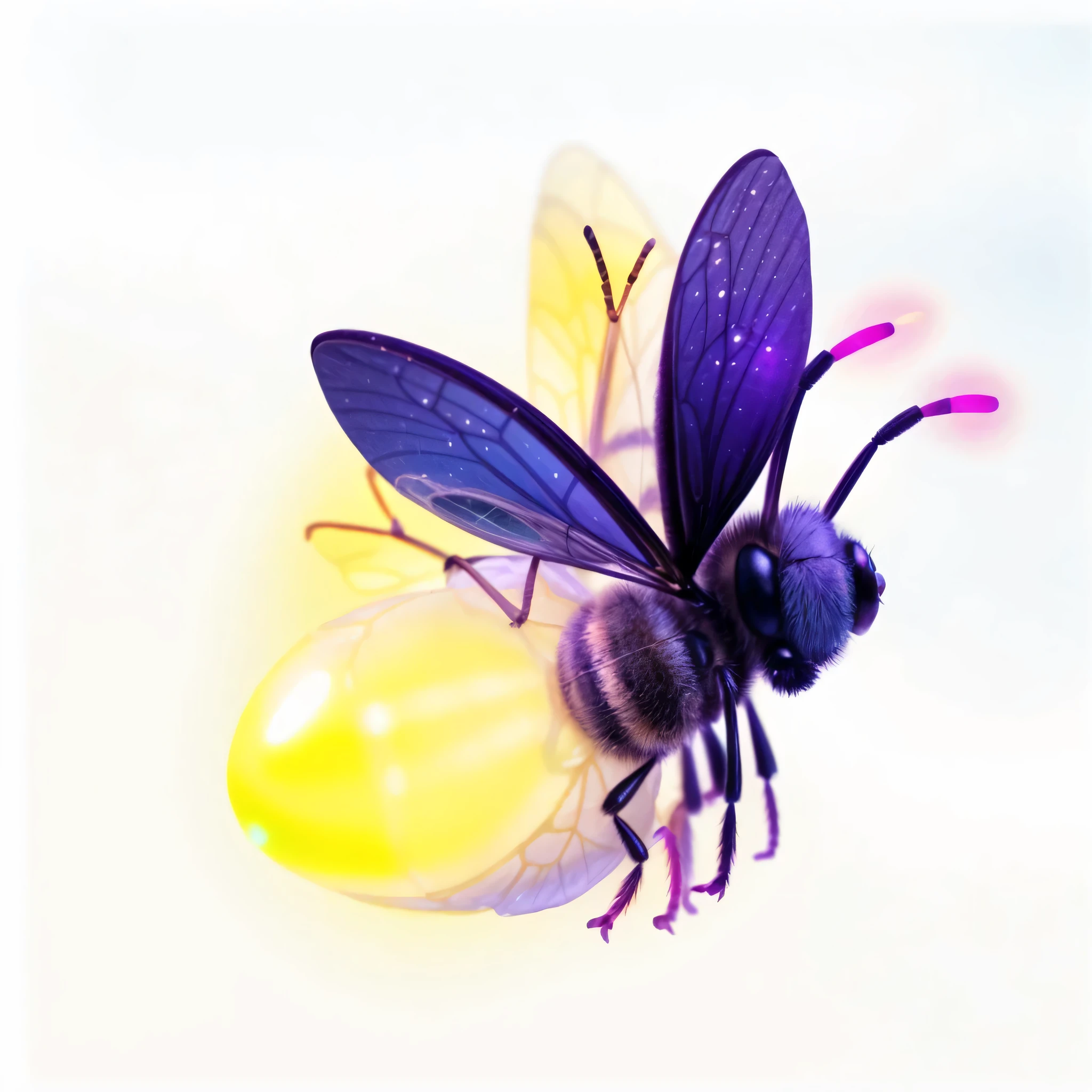 Hyper-realistic image of a purple firefly with its belly glowing in a deep, luminous yellow hue. Hyper-realistic firefly wings, as well as its entire body, with real insect textures. a close up of a bug with a yellow egg in the background, adorable glowing creature, rainbow fireflies, glowing firebugs, it is glowing, glowing purple, tiny glowbugs everywhere, maya bee, fireflies flying, 3 d bee, firefly, fireflies glowing, glowing fireflies, bee, insect, tiny fireflies glowing, (bee)
