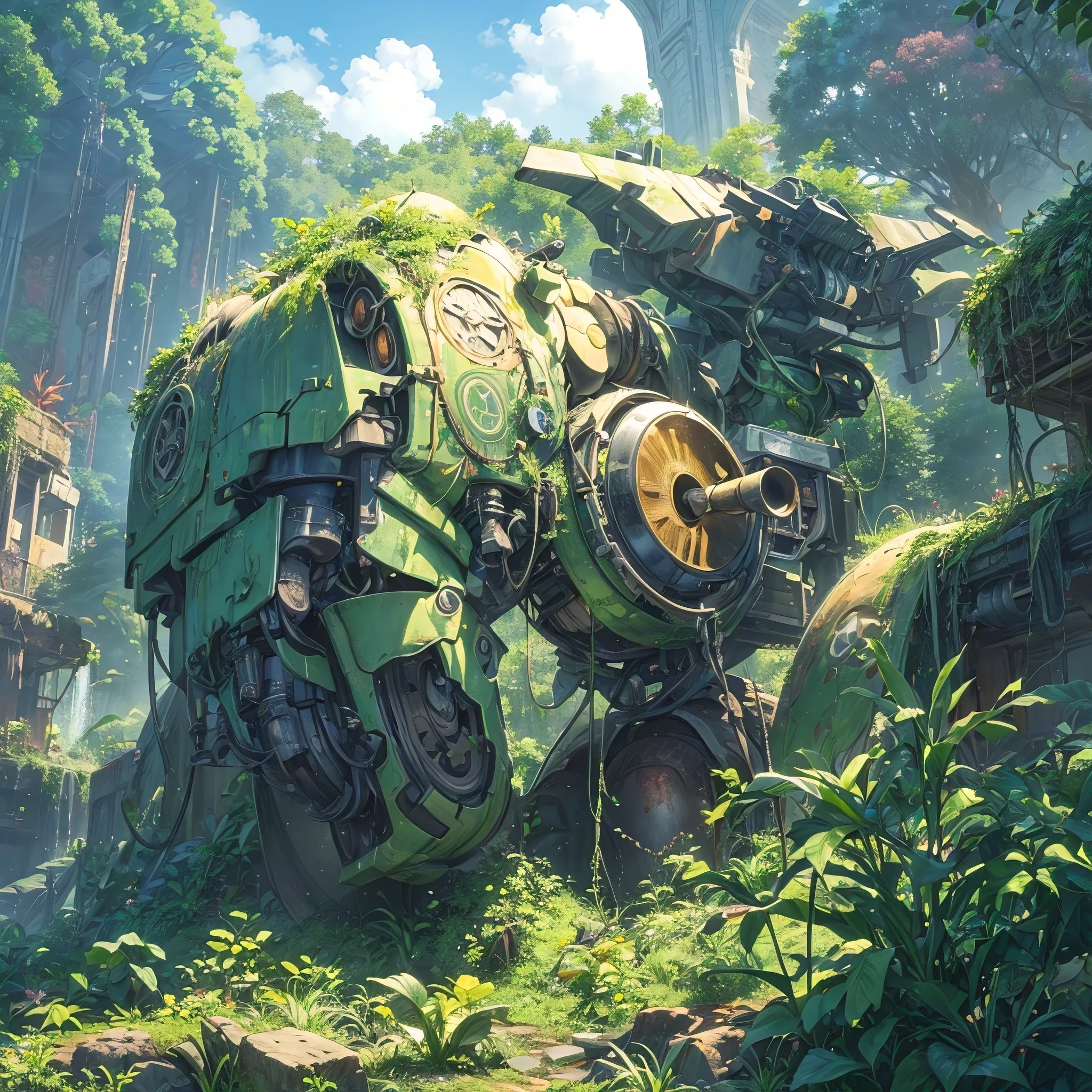 (close-up:1.1)mech head,(half buried)in the ground,(in)the middle of,(a)lush rainforest,(abandoned,damaged)mech,(massive)defense unit with,(detailed)machinery,(remnants)of the old empire,(vibrant)scenery,(nature,plants)in abundance,(bright)green foliage,(colorful,tropical)flowers,(dazzling)sunlight filtering through the canopy,(majestic)trees reaching towards the sky,(glimpses)of wildlife hiding in the undergrowth,(birds)chirping and (insects)buzzing in the background,(serene)atmosphere,(fresh)air filled with the (fragrance)of wet earth and plants,(harmony)between man-made technology and the natural surroundingysterious)and (forgotten)history,(highres)image quality,(photo-realistic)details,(exquisite)textures,(intense)depth of field,(rich)color palette,(soft, warm)natural lighting,(atmospheric)fog adding a touch of mystery