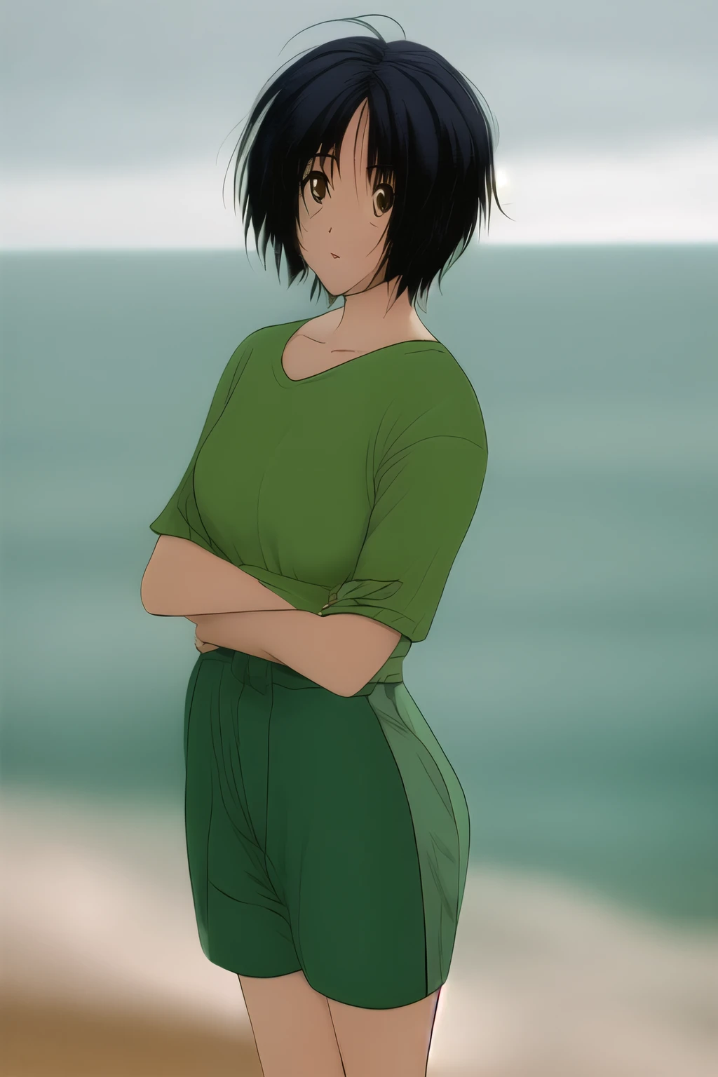 Adult tomboy with short hair, green clothes ,sea backdrop ,90s style