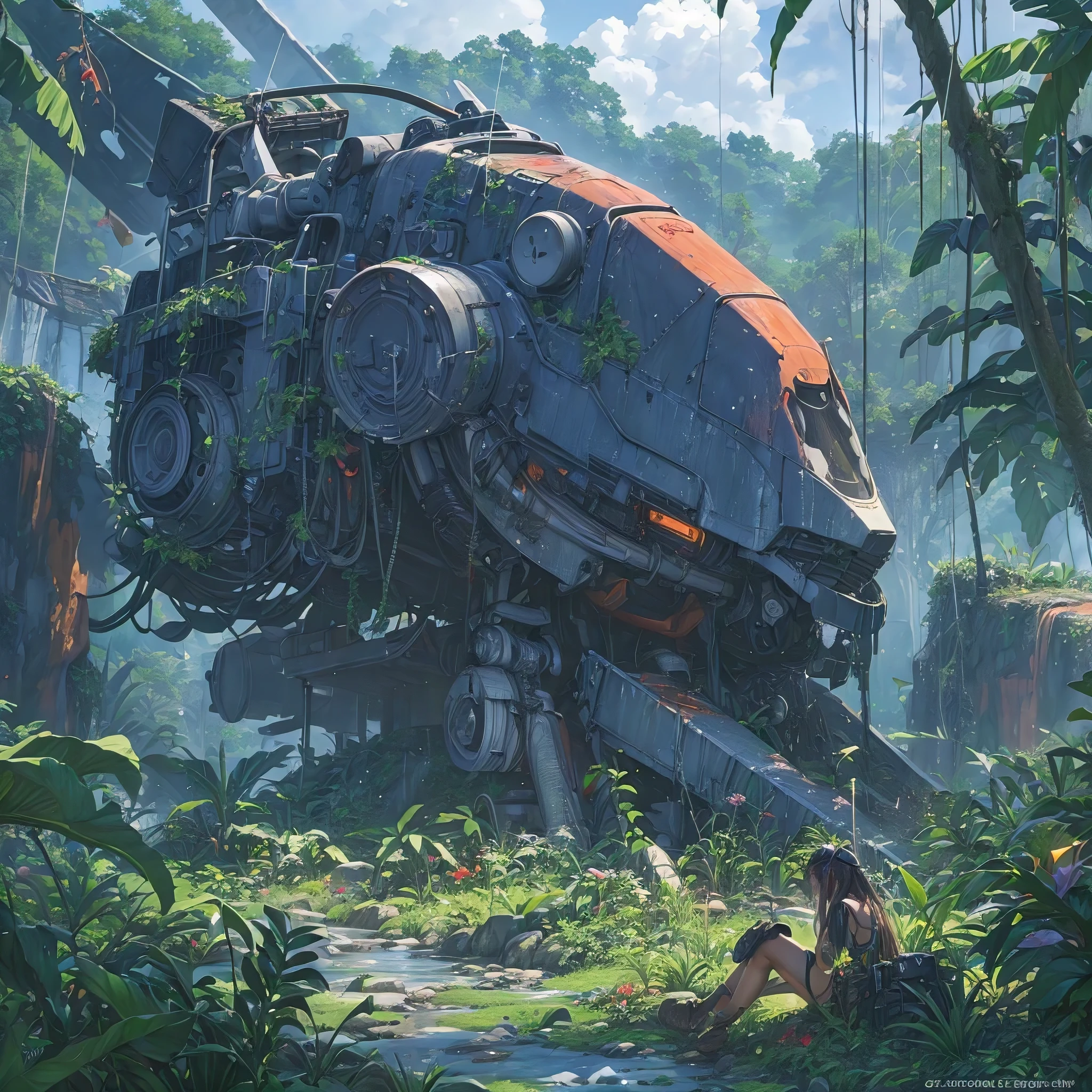 (close-up:1.1)mech head,(half buried)in the ground,(in)the middle of,(a)lush rainforest,(abandoned,damaged)mech,(massive)defense unit with,(detailed)machinery,(remnants)of the old empire,(vibrant)scenery,(nature,plants)in abundance,(bright)green foliage,(colorful,tropical)flowers,(dazzling)sunlight filtering through the canopy,(majestic)trees reaching towards the sky,(glimpses)of wildlife hiding in the undergrowth,(birds)chirping and (insects)buzzing in the background,(serene)atmosphere,(fresh)air filled with the (fragrance)of wet earth and plants,(harmony)between man-made technology and the natural surroundingysterious)and (forgotten)history,(highres)image quality,(photo-realistic)details,(exquisite)textures,(intense)depth of field,(rich)color palette,(soft, warm)natural lighting,(atmospheric)fog adding a touch of mystery