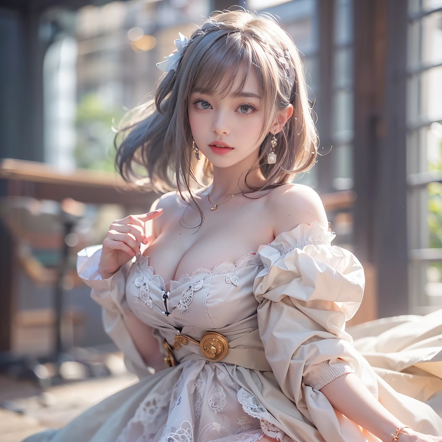 (realistic、Like a photograph、live action、8k, Photoreal, RAW photo, best image quality: 1.4), Single-lens reflex camera、RAW photo, highest quality, realistic, Highly detailed CG Unity 8k wallpaper, Depth of written boundary, cinematic light, Lens flare, ray tracing, realistic background、(Mine serieine seriesメイク、JIRAIKEI、long skirt:1.4、skirt lift:1.37、lift up the skirt、Detailed lace white panties:1.2、gray dress:1.1、off shoulder、cleavage、big breasts)、panty shot、pink inner color hair、short cut hairstyle、standing in the room、((super dense skin))、 1 girl,cute japanese girl、((whole body:1.5),looking at the viewer:1.1、embarrassed look、i like the style、pay attention to details、perfect costume、earrings、(white skin)、accurate portrait、accurate arm、accurate foot、beautiful feet、Precise thighs