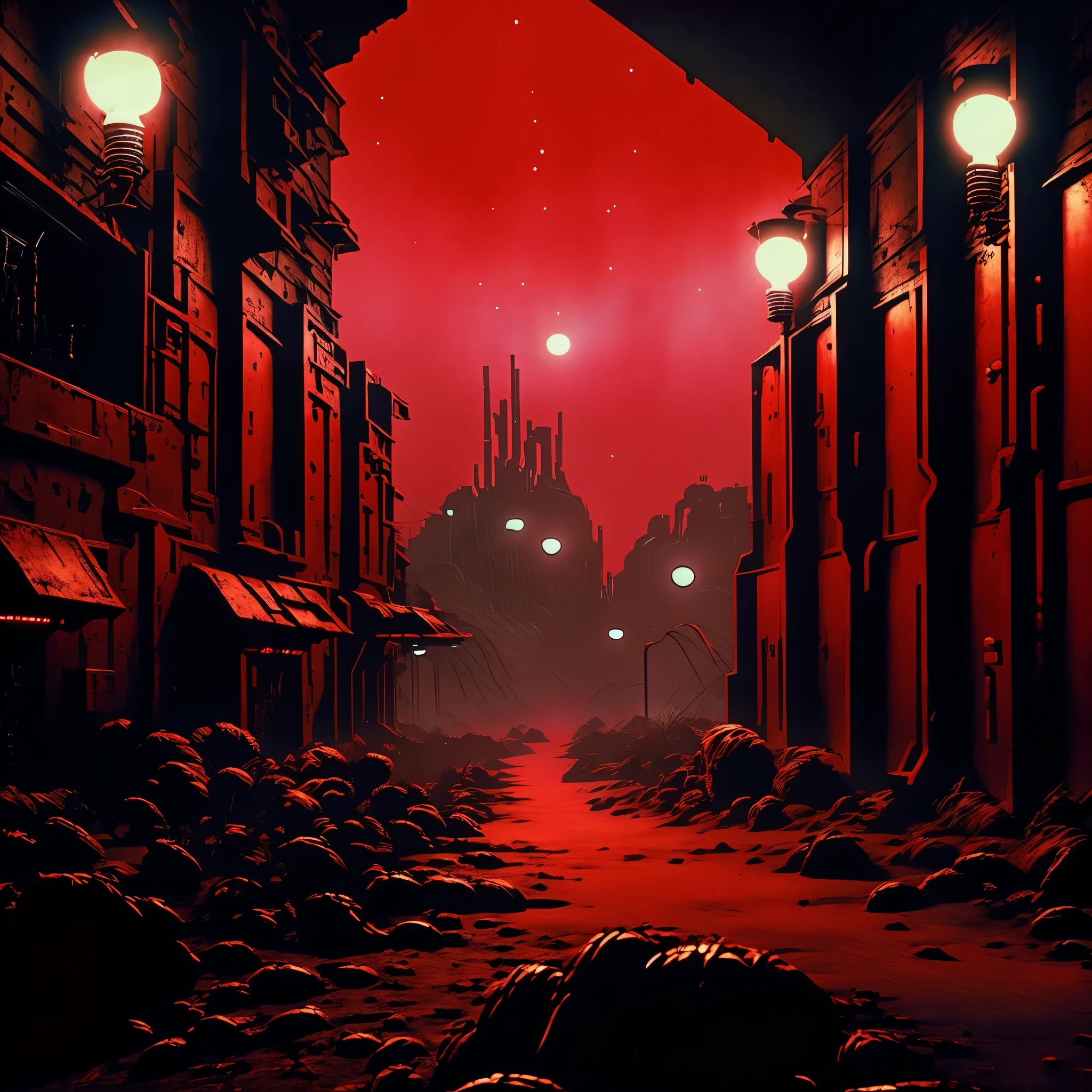 dark, sinister landscape dominated by deep crimson hues. In the foreground, a monstrous, shadowy figure with glowing red eyes emerges from a river of blood, its claws raised in a menacing stance. The river winds its way through a desolate wasteland, with twisted trees and jagged rocks adding to the eerie atmosphere. The sky above is shrouded in darkness, illuminated only by crimson lights