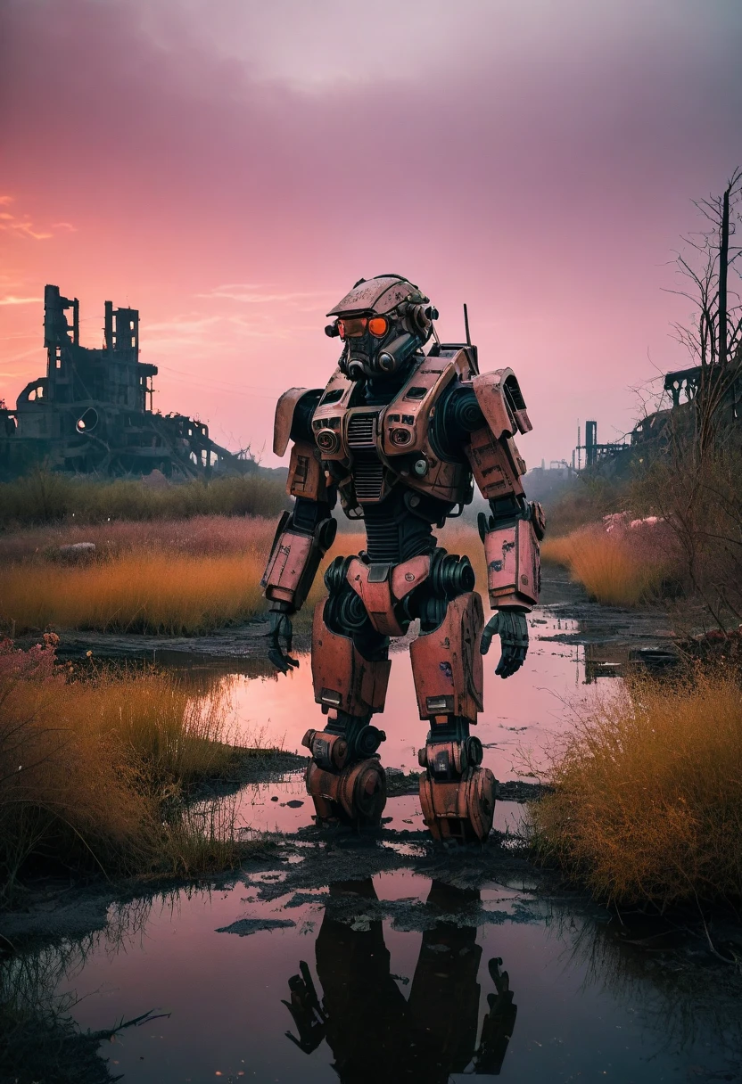 abandoned mech warrior,oil filled pond,ruined city,nuclear explosion,overgrown vegetation,extreme minimalism,soft orange pink color scheme,ultra warm feel,film grain, bloom effect,ultra detailed, post apocalyptic, twilight, abandoned, war, destroyed, passage of time