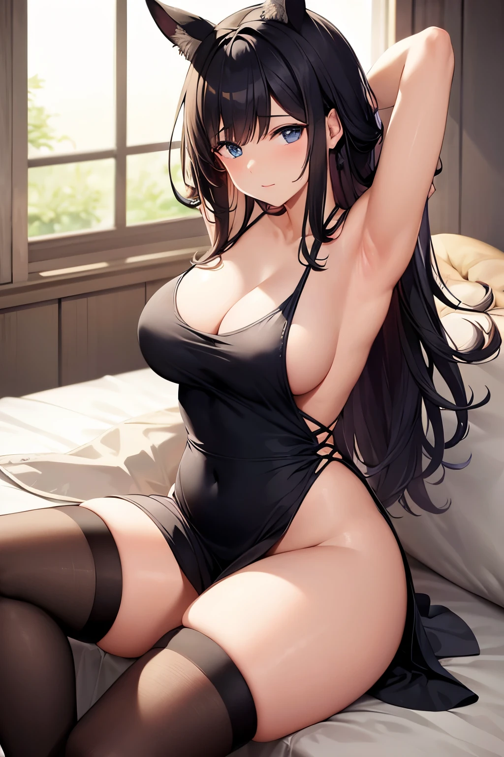 Female, Revealing dress, Voluptuous, Sitting, Armpit, Half nude