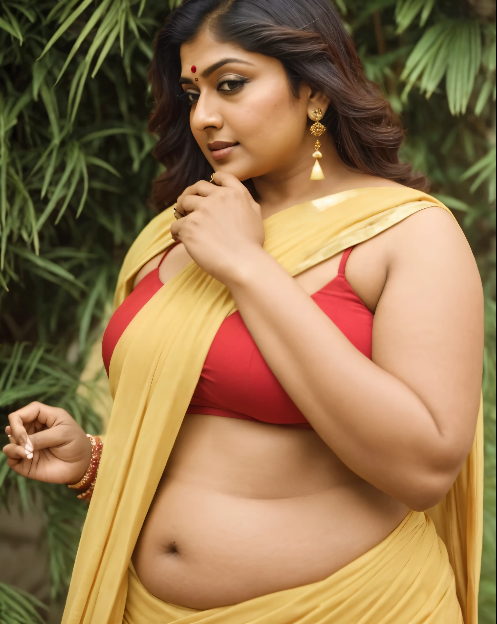 Looks like Indian Actress Nayanthara, actress Nayanthara, mallu, mallu aunty, desi aunty, full figured mature beauty, attractive figure, 48 years old, desi milf, desi aunty, a close up of a woman in a red dress in a bedroom, inspired by Avigdor Arikha, sleek!!!, indian super model, wavy hair combed to one side, actress, by Jitish Kallat, smoldering, intense smoldering, fashion, an angel, print ready, with a dramatic looking, inspired by Sudip Roy, seductive look
