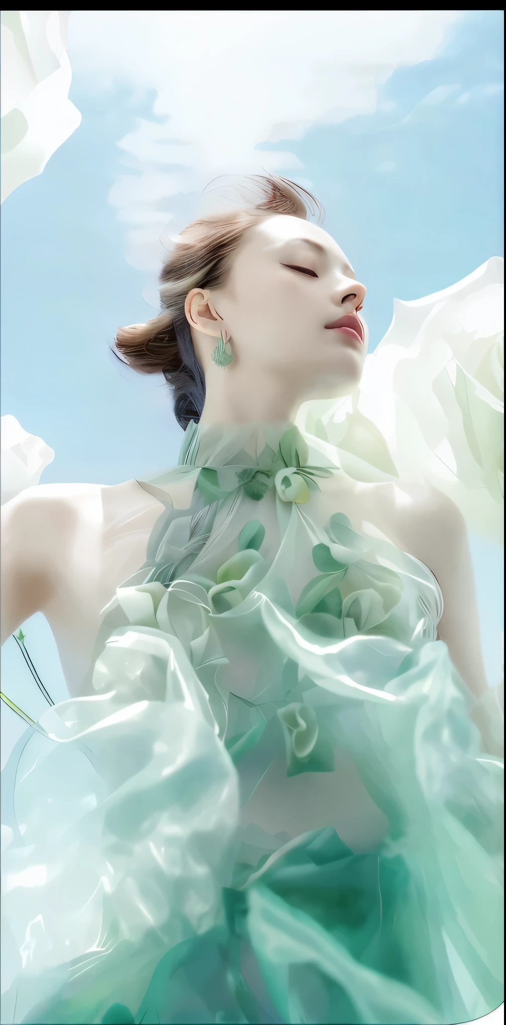 arafed woman in a green dress with flowers in her hair, jingna zhang, ethereal beauty, inspired by Gao Qipei, pastel green, dreamy and ethereal, very ethereal, incredibly ethereal, ethereal!!!!!!!, by Cheng Jiasui, inspired by Yanjun Cheng, inspired by Gao Cen, ethereal and dreamy, yanjun chengt