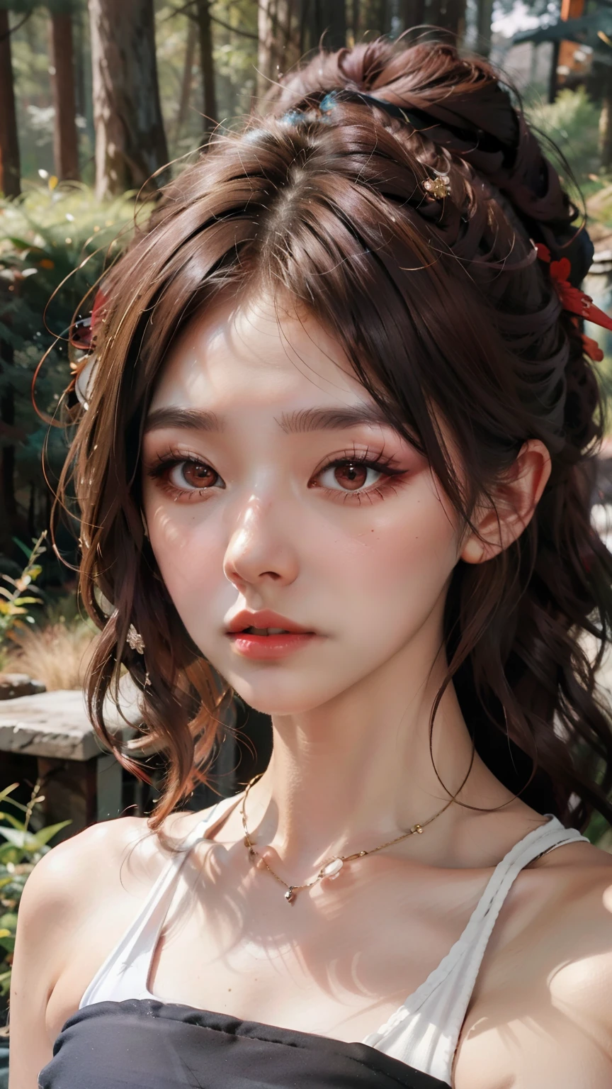 midnight，In a deep, deep forest，on a very dark night，1 woman，20 years old，Super detailed face，Detailed lips，Detailed eyes，double eyelids，Reddish-brown hair，long hair，high ponytail hairstyle，red headdress，red eyes，red eyes，，tank tops：1.1，（（Top-quality、8K、lifelike、​Masterpiece：1.3))