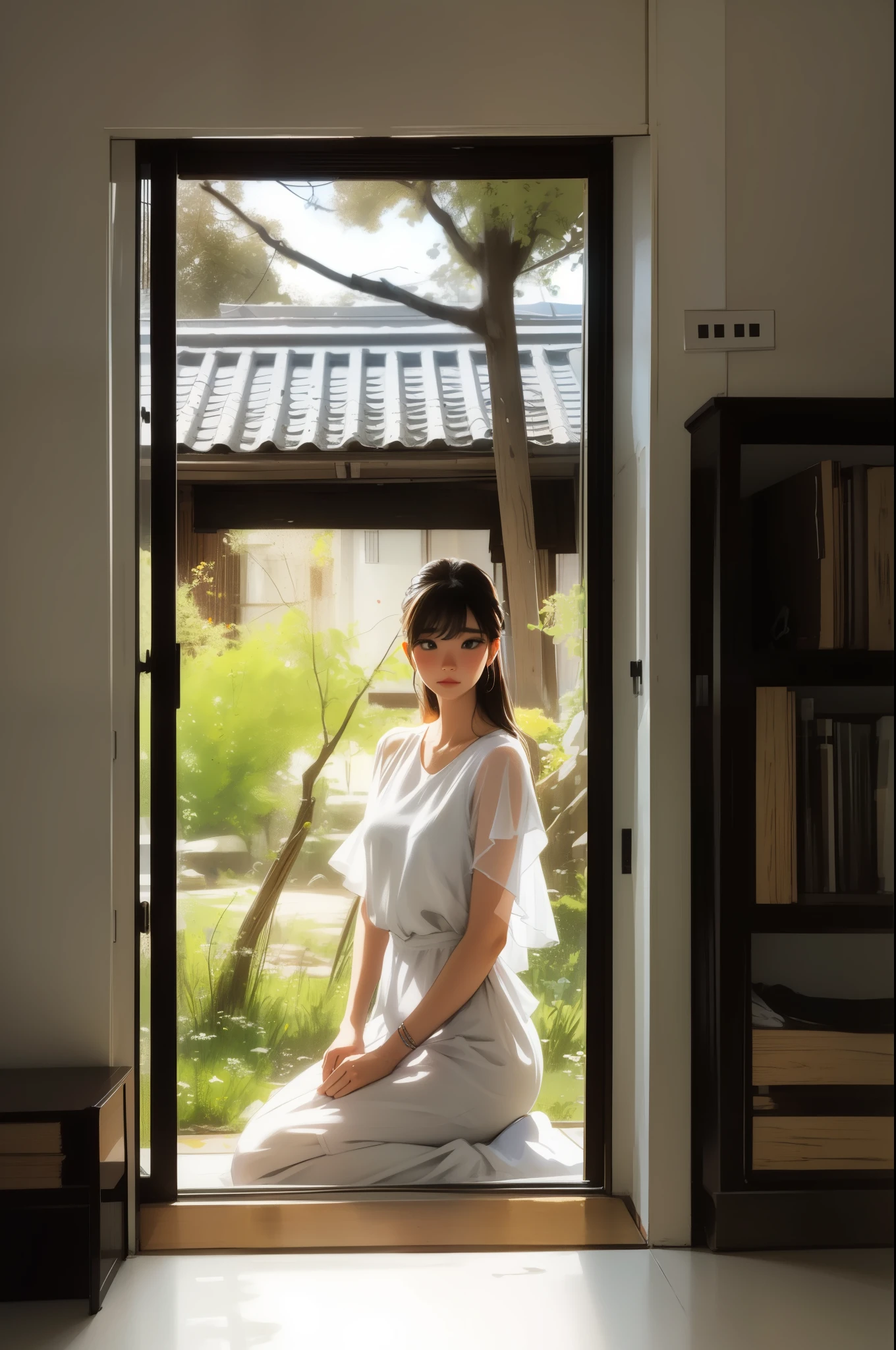 A woman is sitting in front of the door of the room(big bust),(big ass) (perfect face)한옥 흰색 블라우스 하얀치마vivid colors, soft focus, light leak, dreamy atmosphere, experimental charm, Nostalgic charm BREAK color field painting, various colors, abstract expressionism, Bold colors, emotional impact, atmospheric depth, MINIMALIST APPROACH BREAK,  Pretty Woman, UHD (ultra detail)  looking at viewer, different, fancy, long, darkly dyed hair 🌈, dark clothes, White stardust in dark areas, absurd, high resolution, very detailed, (1 woman : 1.3), vivid colors, soft focus, light leak, dreamy atmosphere,