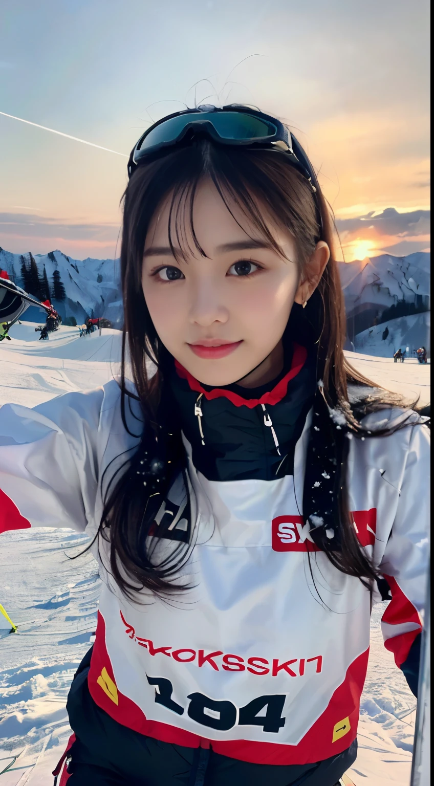 (Close up portrait of one girl with slender small breast and long hair dressed in colorful ski clothes。:1.5)、(A girl skiing with her face raised :1.5)、(snow ski garden:1.5)、(Beautiful sunset red sky 1.5)、(perfect anatomy:1.3)、(no mask:1.3)、(full finger:1.3)、Photoreal、Raw photo、table top、highest quality、High resolution、delicate and beautiful、perfect face、detailed and beautiful eyes、Fair skin、real human skin、pores、((thin legs))、(black hair)