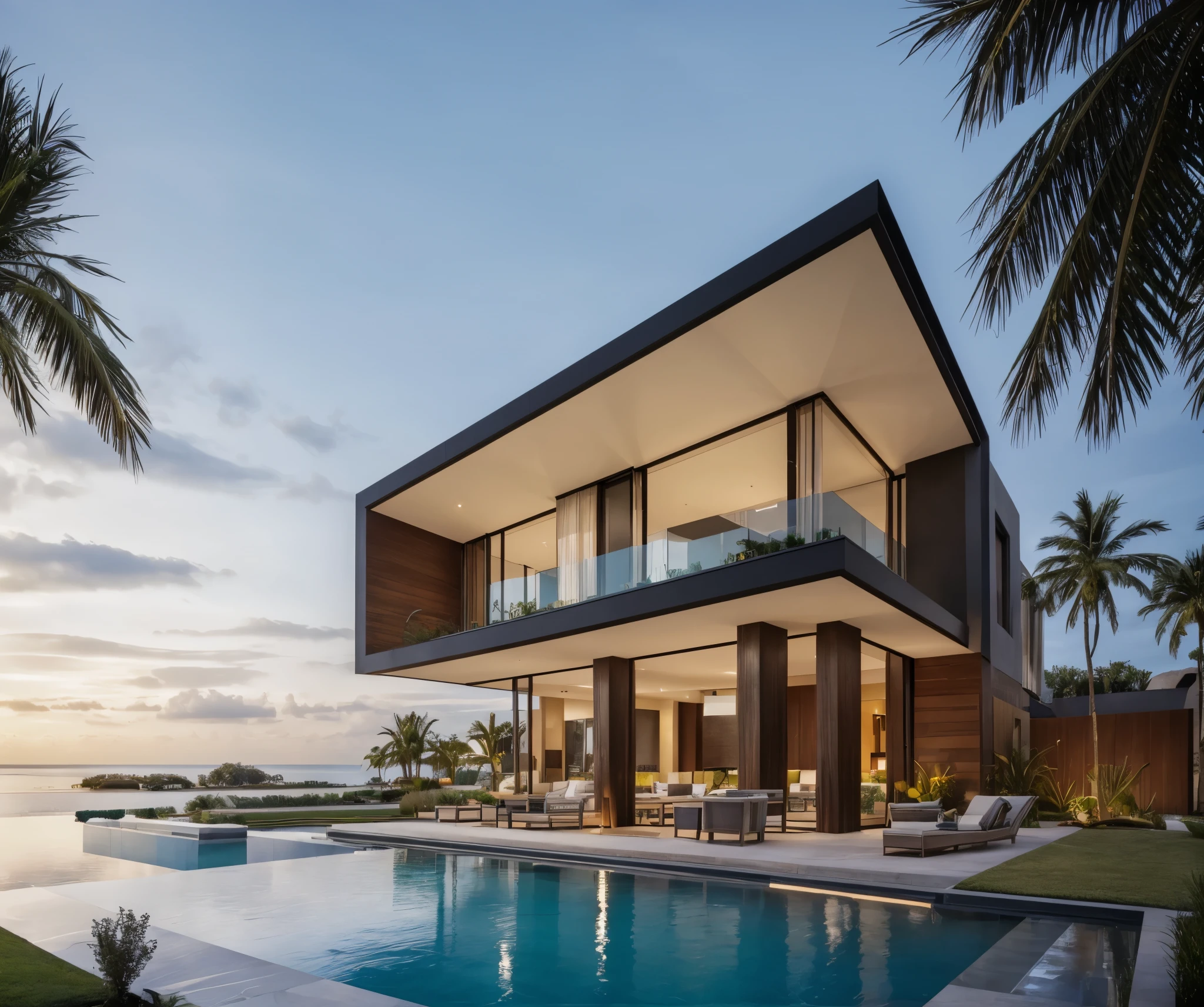 (masterpiece),(high quality), best quality, real,(realistic), super detailed,(full detail),(4k),8k,modern house exterior design,Modern architecture,white_house,Beautiful_sky,sunrise_light,(gentle light),((no_strong_contrast)), no_humans, outdoors,sky,((Tropical_trees)),Coconut_trees,Palm trees,Pool and Garden_flower_front_of_building,pool villa,(strong interior light),