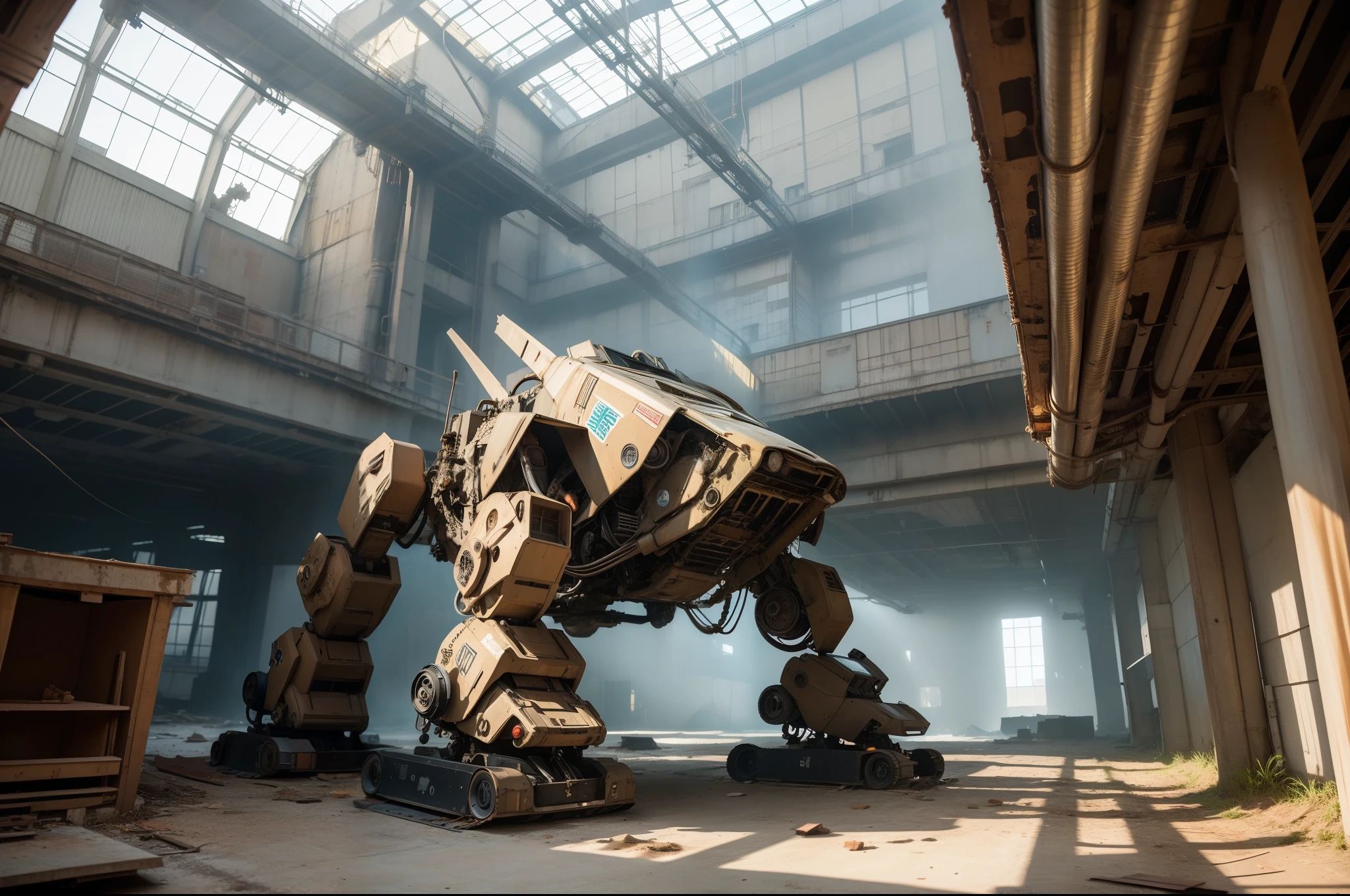 Huge old mecha factory，A huge abandoned mecha was abandoned in an empty corner，Rust mottled，Stump and broken arm，Broken shell，露出内部complicated机械装置，Sunlight shines on the fuselage through the skylight，Tyndall effect，Realistic ray tracing，True light reflection，8k，Super fine，Super realistic，Super detailed，complicated，precise，masterpiece