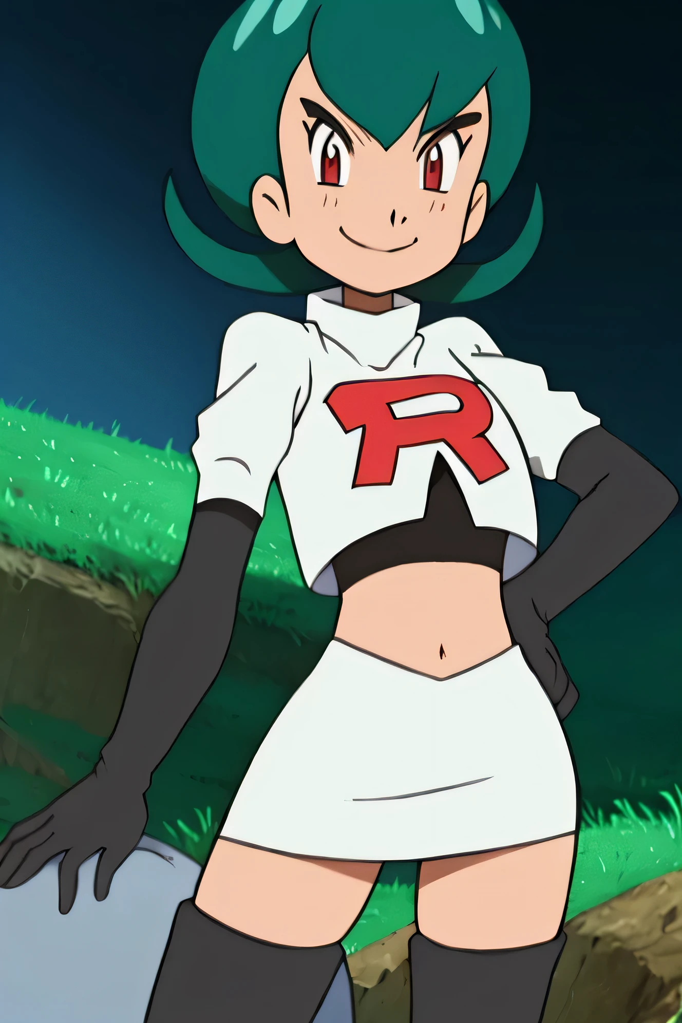 view of the valley, with grass, team rocket uniform, red letter r, white skirt,white crop top,black thigh-high boots, black elbow gloves, evil smile, looking at viewer, hands on hips,sexy pose