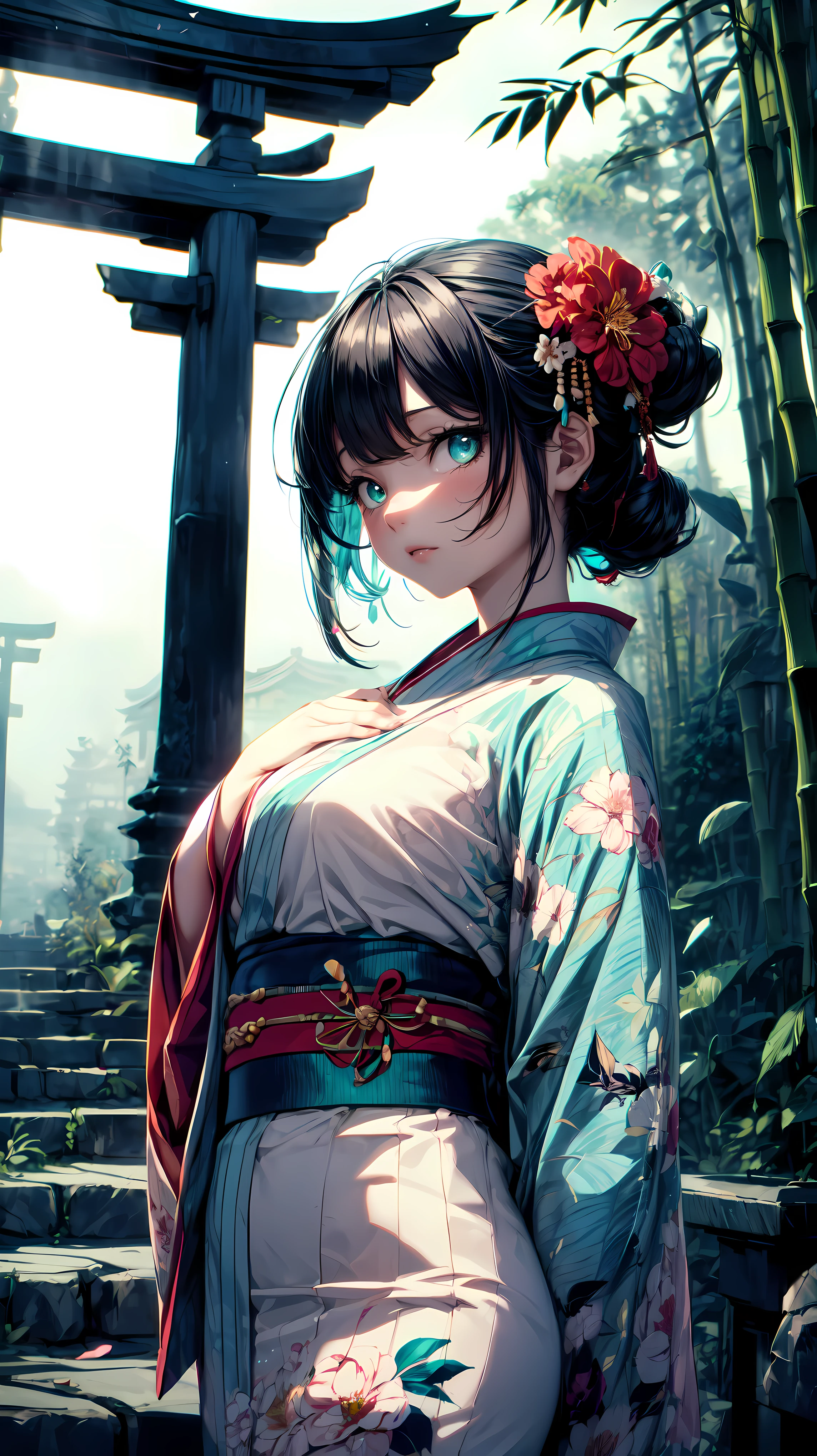 (A :1.2), (very young little girl), l, (small breas(wide angle), (green bamboo), raw photo, Aesthetic, Convoluted, Awarded, Cybernetic Enhancement, chiaroscuro, Best Quality, Detailed background, (Misty atmosphere:1.2), (cloudy day),((Girl in cotton kimono:1.2)), large cotton kimono, large kimono with a cotton texture, very long kimono sleeve, best wrinkles, real wrinkles, best shadows, (Walk through the (Mist dark Zen Garden)), (Real location), Delicate and beautiful eyes, Casual pose, Detailed textures, Posing, (Anatomically correct body, detailed face, (very detailed textures kimono with floral pattern), (black hair), Voluminous hair, Hair Ornament, komono, Kimono, Obi, Outdoors, pagoda, flower petals, Teal kimono, sash, shrines, skyporn, stone stairs, torii, Wide sleeves, Yukata,(cloudy, Misty)