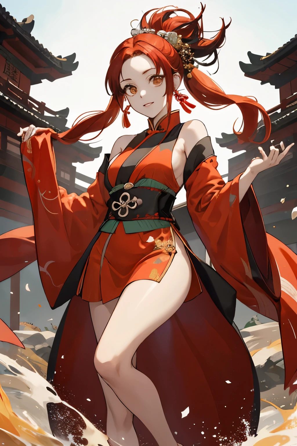 In the captivating world of Kimetsu No Yaiba, our solitary girl steals the spotlight as she assumes the role of the beloved anime character, Pirate Nami. sporting luxuriant brown locks that cascade down her shoulders, her gentle brown eyes gleam with an undeniable allure. The backdrop, drenched in Chinese aesthetic, flaunts a red theme that masterfully complements her orange hair.
As she faces the audience with unwavering confidence, her Chinese-style attire, known as Hanfu, graces her full figure. The clothing, rich in intricate details, is perfectly suited for the bustling streets that surround her. Bare shoulders