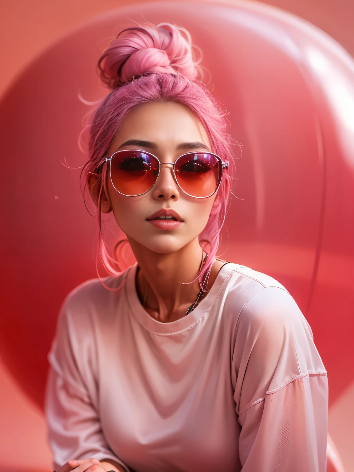 photorealistic, high resolution, 1 beautiful female, malay beauty, long topbun hairstyle, pink hair, pink sunglasses, white tshirt and pant, sitting on large pink ball, studio lighting, chromatic aberration. 