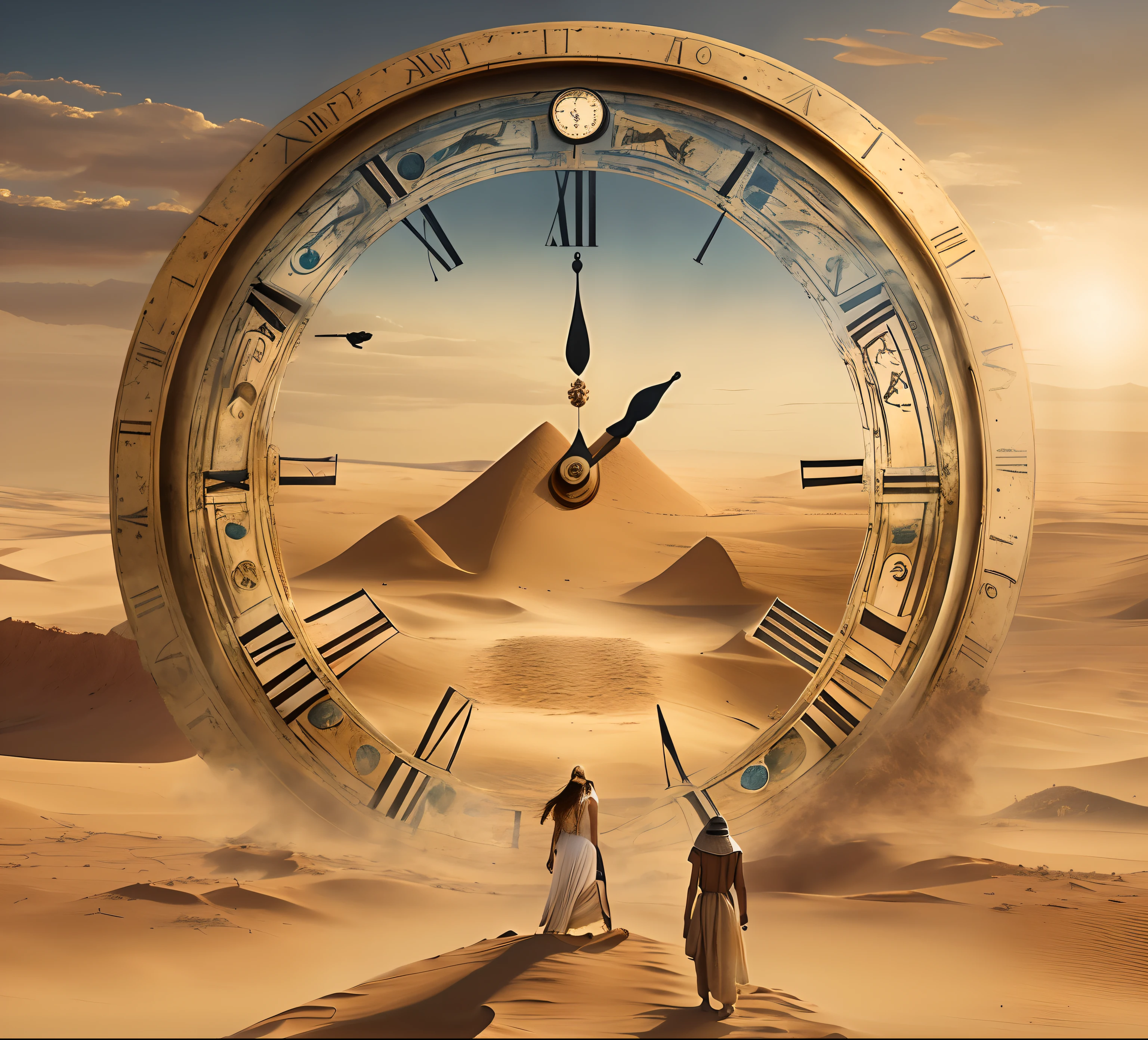 clock in the desert with two people walking towards it, the sands of time, time consumes us all, the passage of time, memory trapped in eternal time, travel in time, time is running out, time travel theme, time travel, time does not exist anymore, the passing of time, in search of lost time, traveling through time, time travelers