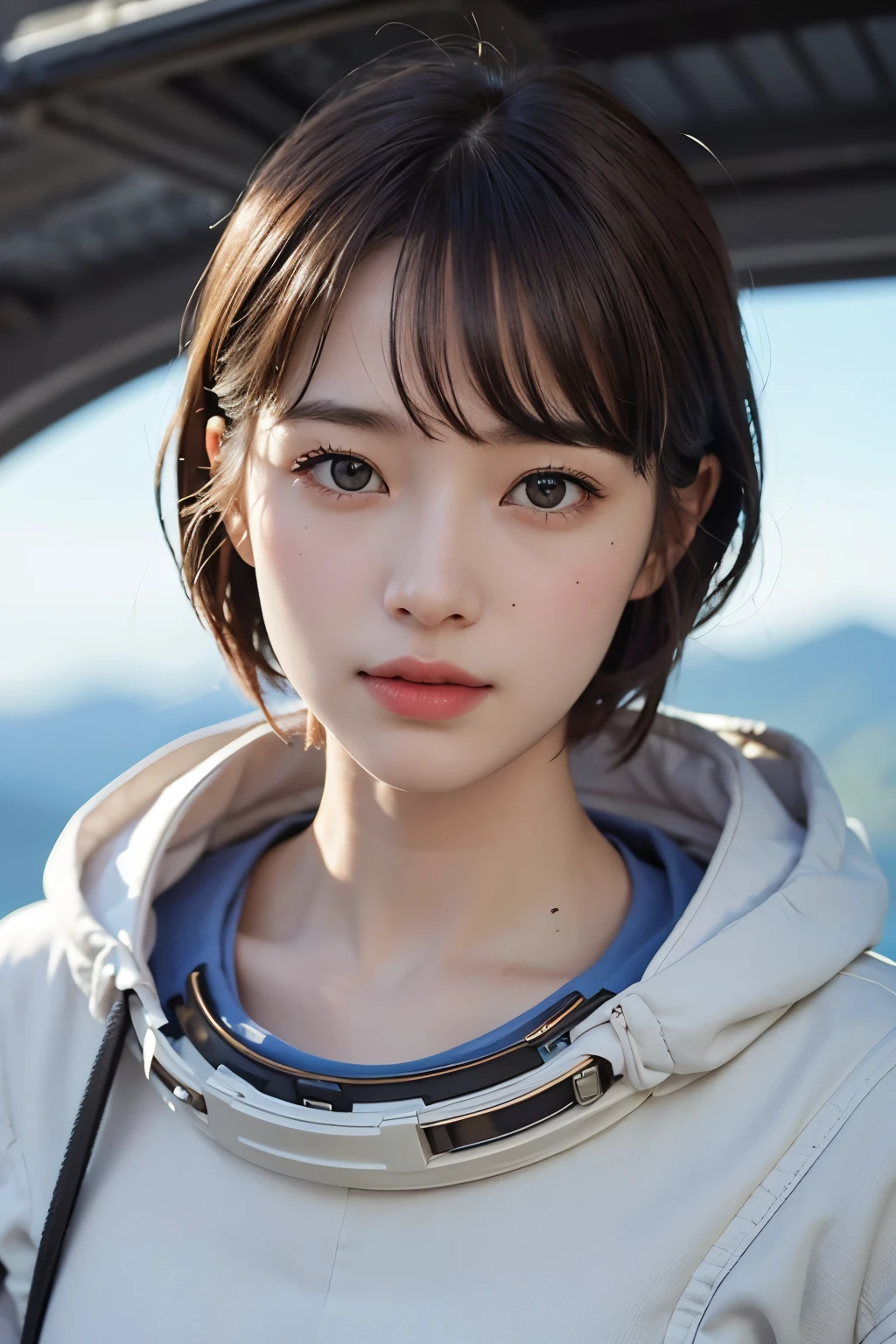 highest quality、masterpiece、ultra high resolution、(real:1.4)、Beautiful woman1、Beautiful details of eyes and skin、small smile、light brown short cut hair、perfect space suit、spaceship、macrocosm、Remains、rocky mountain、cloudy sky、