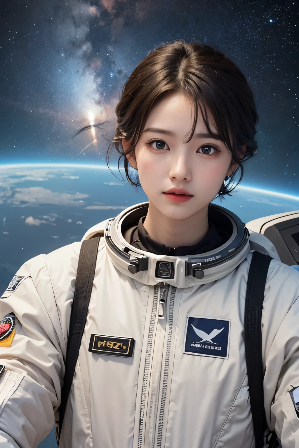 (4 k、top-quality)、(realisitic、Photorealsitic)、(Yakian)、
1girl in、独奏、fullllbody、(face to the viewer)、
perfect hand、up looking_で_the viewer、
whiteshirt、
Being in space、Looking at the Earth from the surface of the moon、finerly detailed face、wearing round glasses、Slightly chubby、The best smile、White double teeth are visible、long wavy hair of light brown color,(super gigantic breast, (Wearing a white spacesuit helmet、White spacesuit :1.3), (Cameltoe),35 year old、Nogizaka Idol、actress、Korean Idol、hposing Gravure Idol,