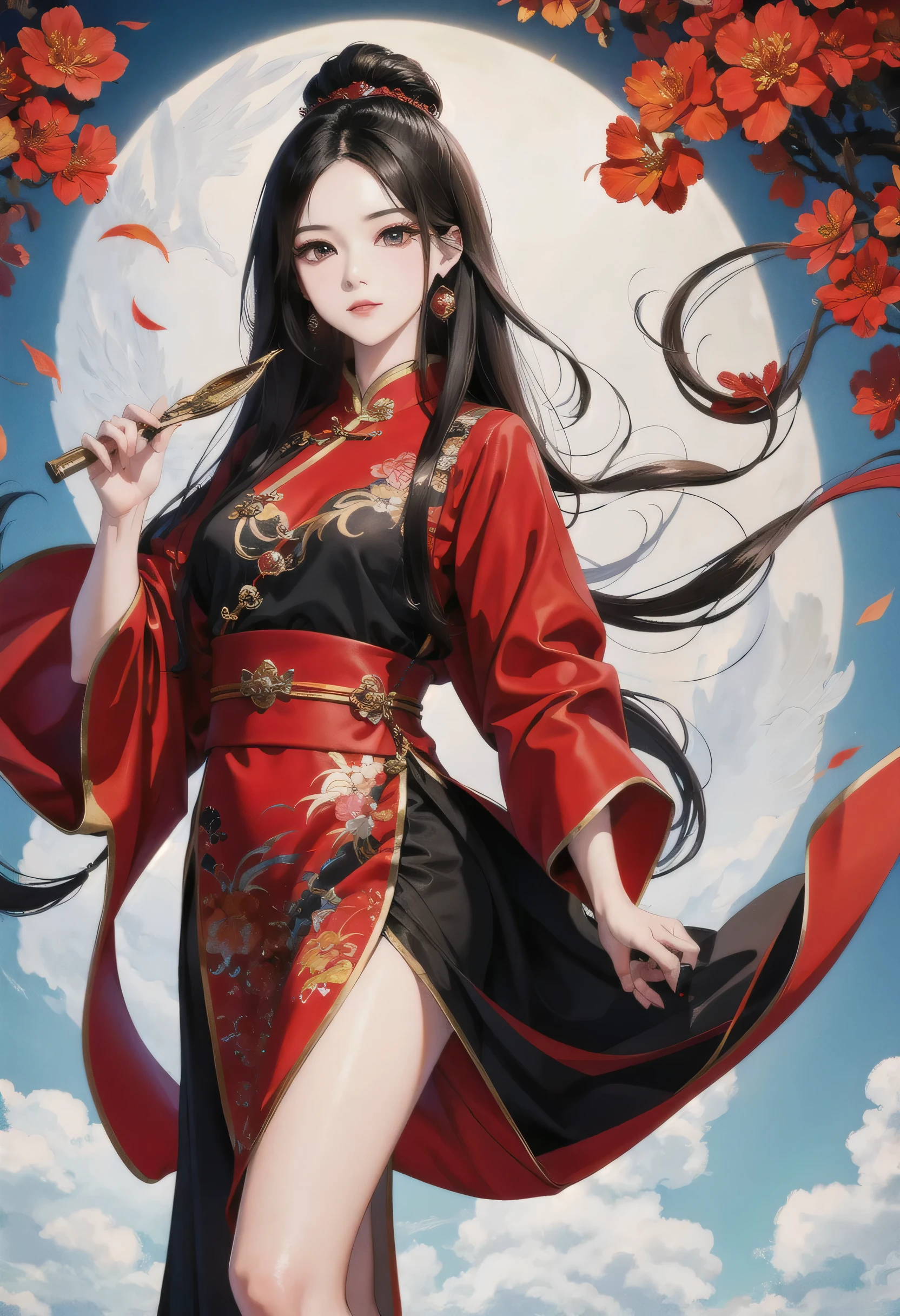 (masterpiece), best, 8k wallpapers, illustrations,full body,beautiful eyes, facial contours, beauty Long black hair, (the background is round Chinese elements, red Chinese elements, ancient Chinese costumes, Phoenix, Zen, Realm, Tao, Fantastic)