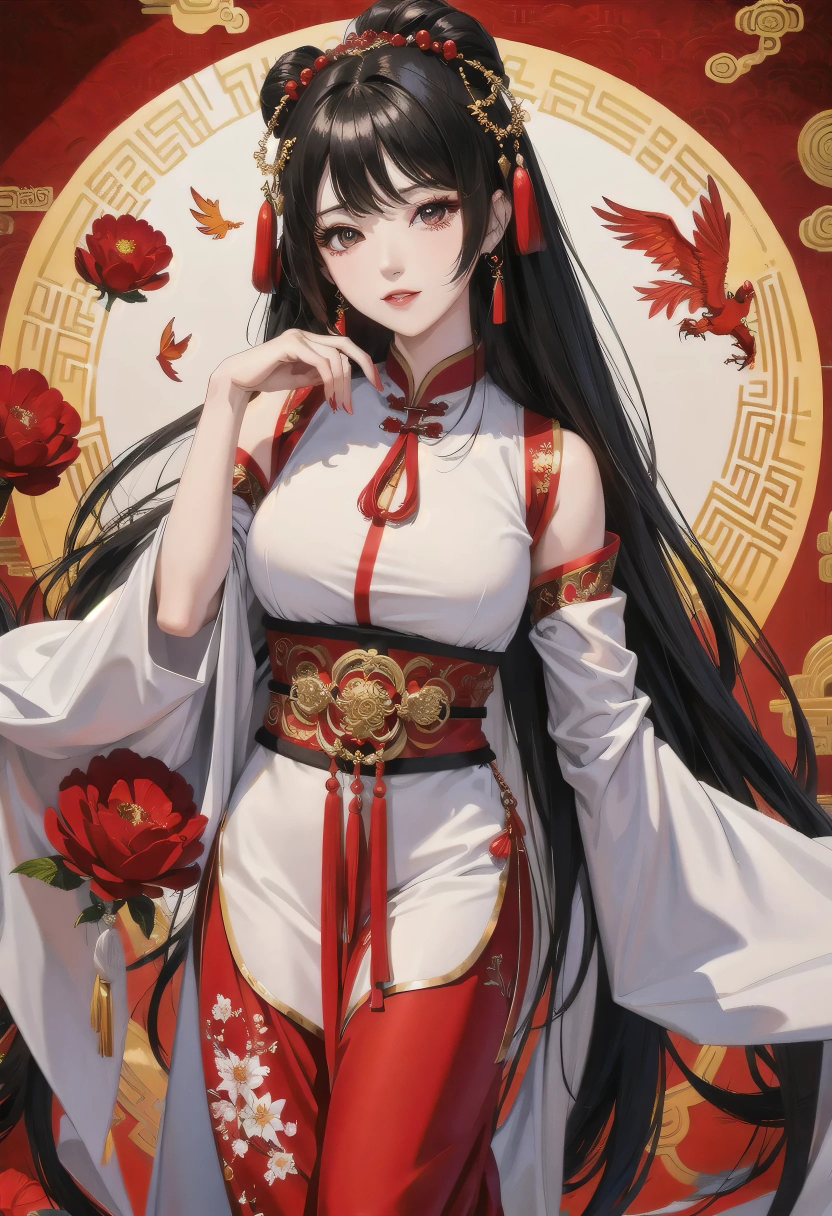 (masterpiece), best, 8k wallpapers, illustrations,full body,beautiful eyes, facial contours, beauty Long black hair, (the background is round Chinese elements, red Chinese elements, ancient Chinese costumes, Phoenix, Zen, Realm, Tao, Fantastic)