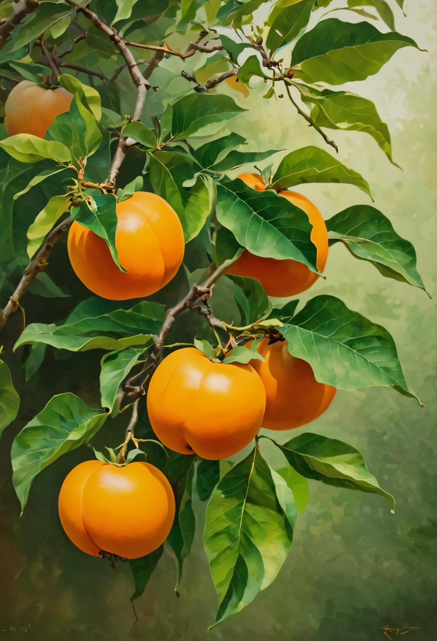 There are several persimmons hanging on the branches，There are green leaves to set off，Composition is simpler，oil painting style