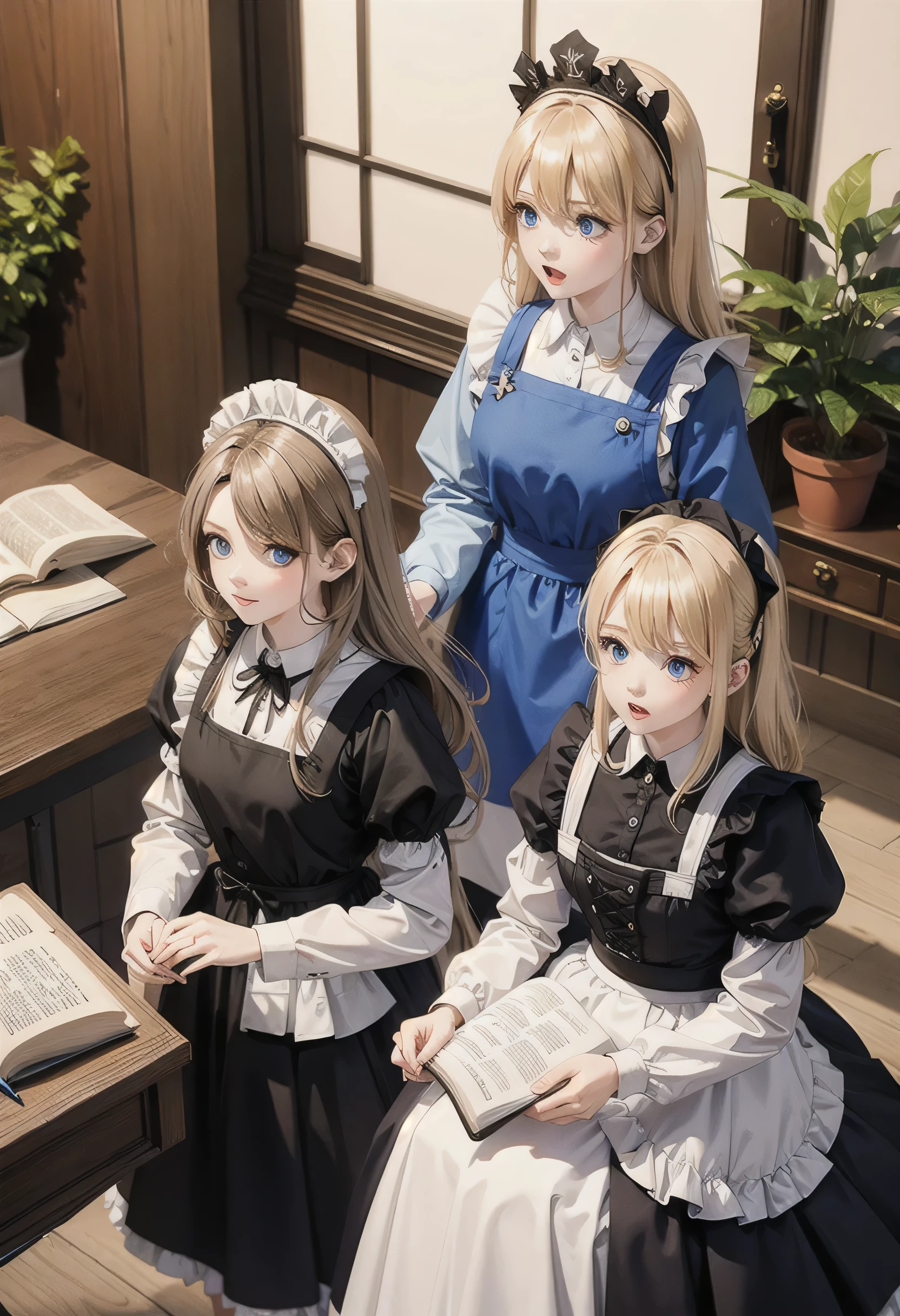 blue eyes, multiplegirls, blonde hair, long sleeves, dress, 2girls, hair between eyes, ahoge, solo focus, indoors, apron, black dress, book, maid, maid headdress, shadow, plant, white apron, anger vein, angry, maid apron, crossdressing, book stack