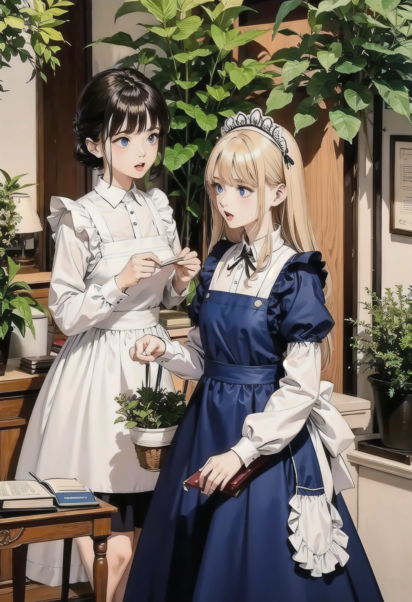 blue eyes, multiplegirls, blonde hair, long sleeves, dress, 2girls, hair between eyes, ahoge, solo focus, indoors, apron, black dress, book, maid, maid headdress, shadow, plant, white apron, anger vein, angry, maid apron, crossdressing, book stack