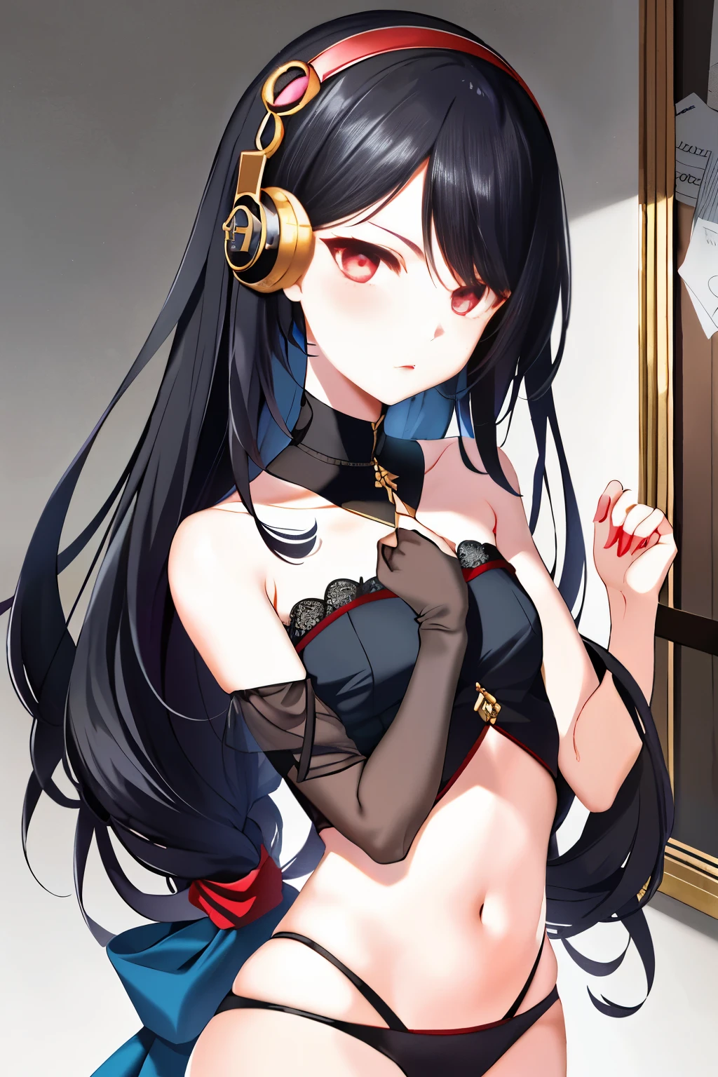 A young girl, clad in a quintessential oriental ism fashion, dons headphones and boldly flaunts red lipstick. Her porcelain skin contrasts sharply with the deep, enigmatic hues of the nightcore background. The ethereal, doll-like charm of her appearance is reminiscent of Ekaterina Panikanova's artistry. Chris Labrooy's signature smooth and polished style infuses the image with a captivating, dark and explosive allure. Thegirl's long, jet black hair cascades down her shoulders, framing her delicate features. A sense of mystery envelopes her, as her enchanting gaze be