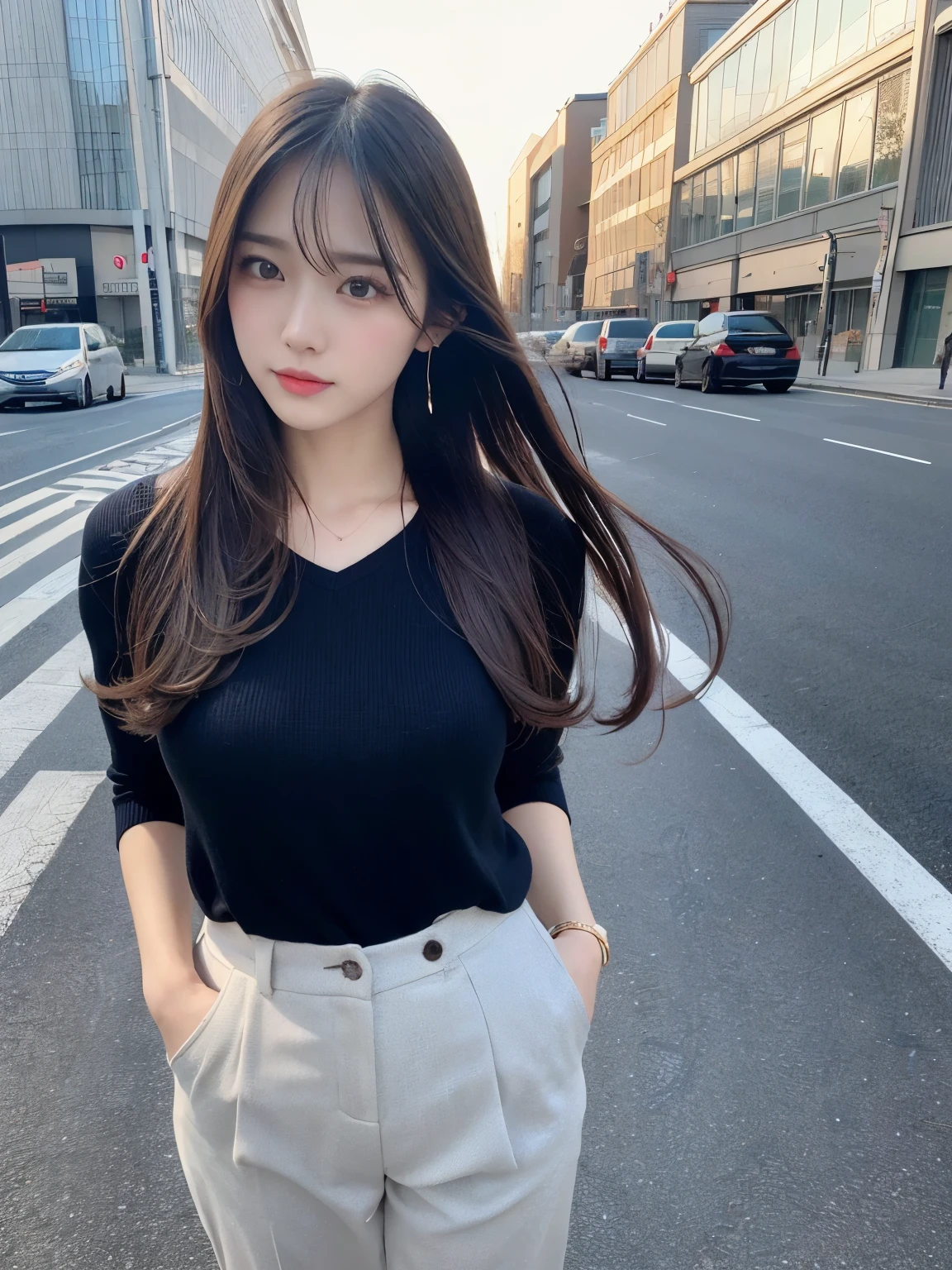 Fine、High resolution、high quality、perfect dynamic composition、Beautiful detailed eyeedium hair、natural color lip、gods、Shibuya、20 year old female、1 person、transparent skin、shining hair、muste piece、最high quality、超Fine、fine details、High resolution、8K、correct state of the human body、Crouching、gravure model pose、Take a photo with your hair blowing in the wind、((do not wear pants:1.5,))